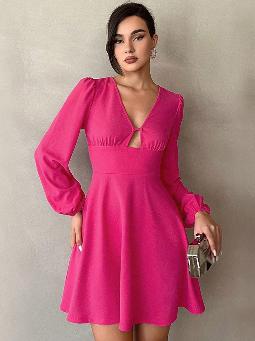 

StyleCast Women V-Neck Puff Sleeve Fit & Flare Dress, Fuchsia