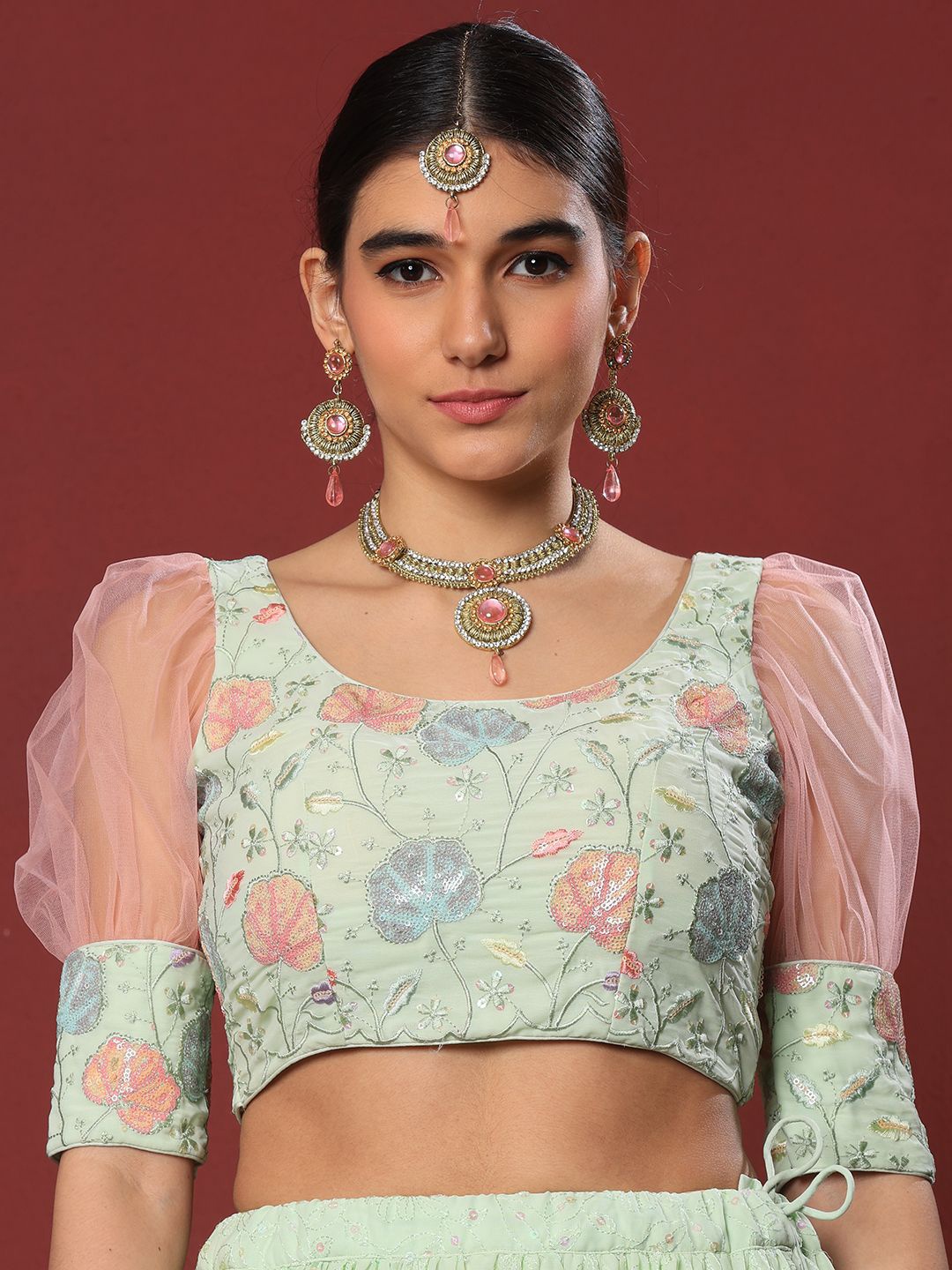

Ethnovog Embroidered Short Puff Sleeves Saree Blouse, Green