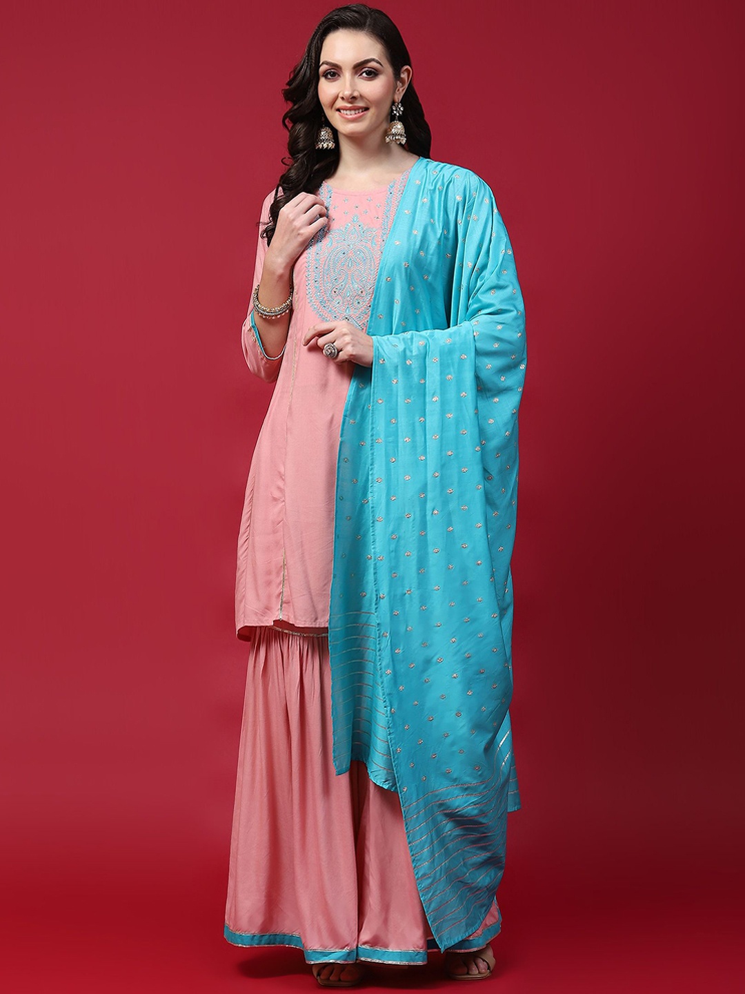 

Shree Floral Yoke Design Gotta Patti A-Line Kurta with Sharara & Dupatta, Pink