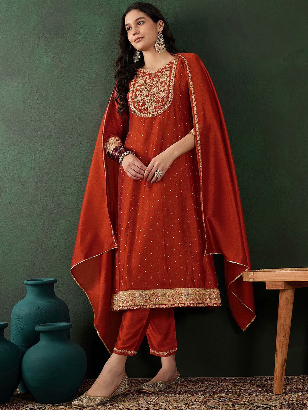 

Sangria Orange-Coloured Floral Embroidered V-Neck Anarkali Kurta With Trouser & Dupatta