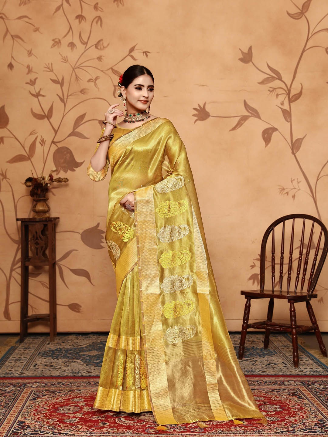 

NIRMAL CREATION Woven Design Zari Maheshwari Saree, Yellow