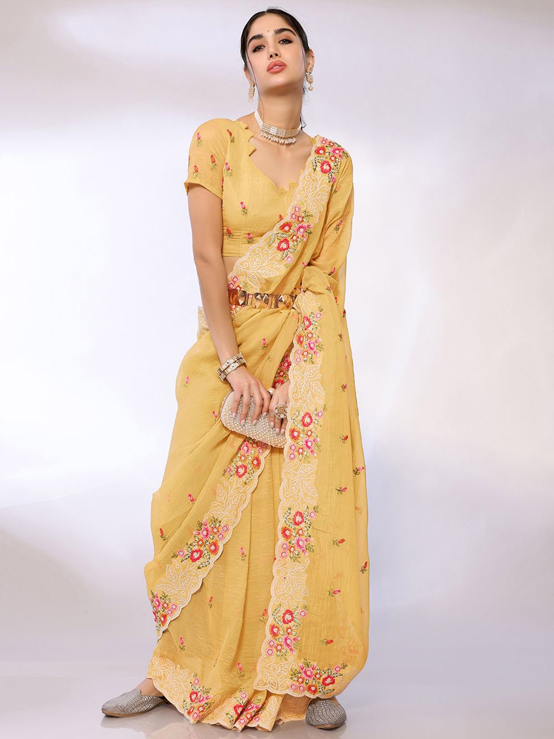 

FABMORA Floral Embroidered Tissue Designer Saree, Yellow