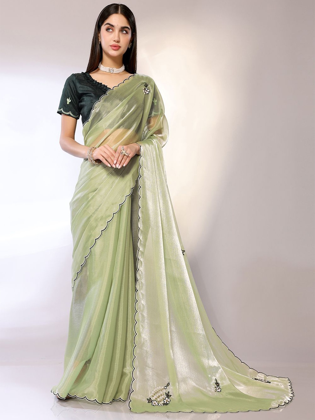 

FABMORA Ethnic Motifs Beads and Stones Saree, Green