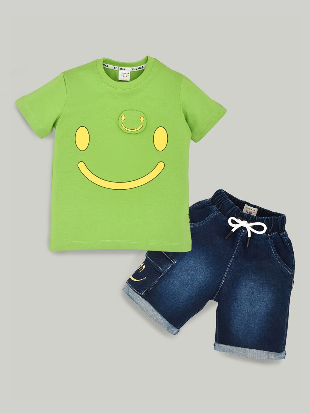 

YOUMAA Boys Printed Pure Cotton T-shirt With Denim Shorts, Green