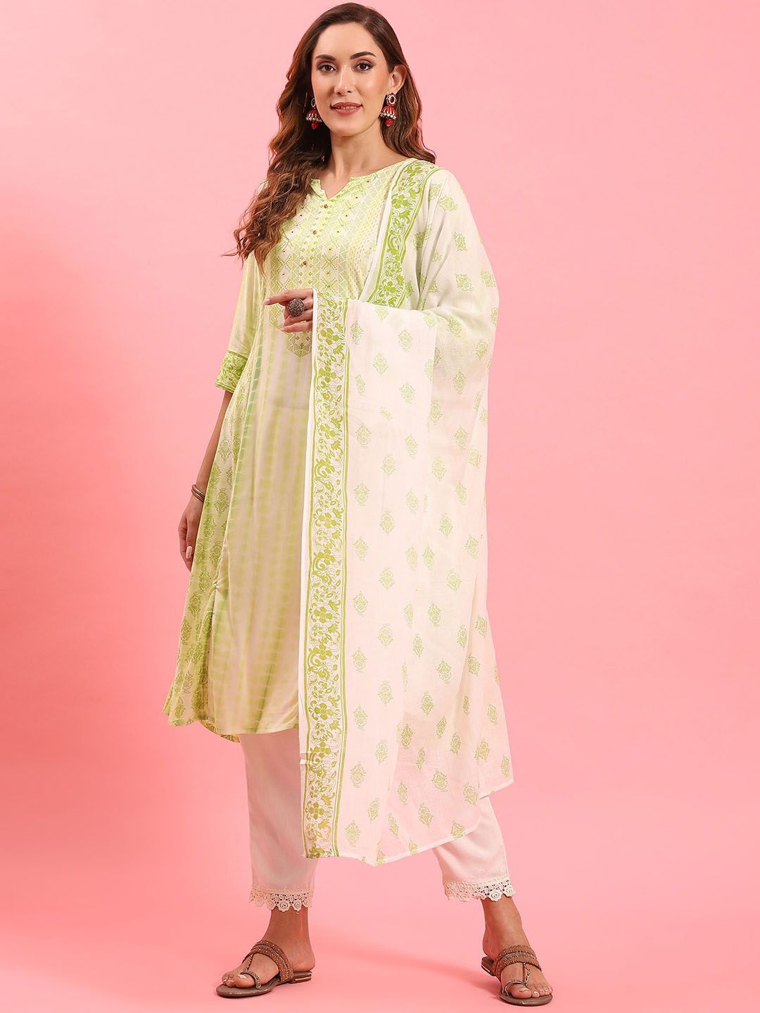 

Shree Ethnic Motifs Printed Notch Neck A Line Kurta with Trousers & Dupatta, Green