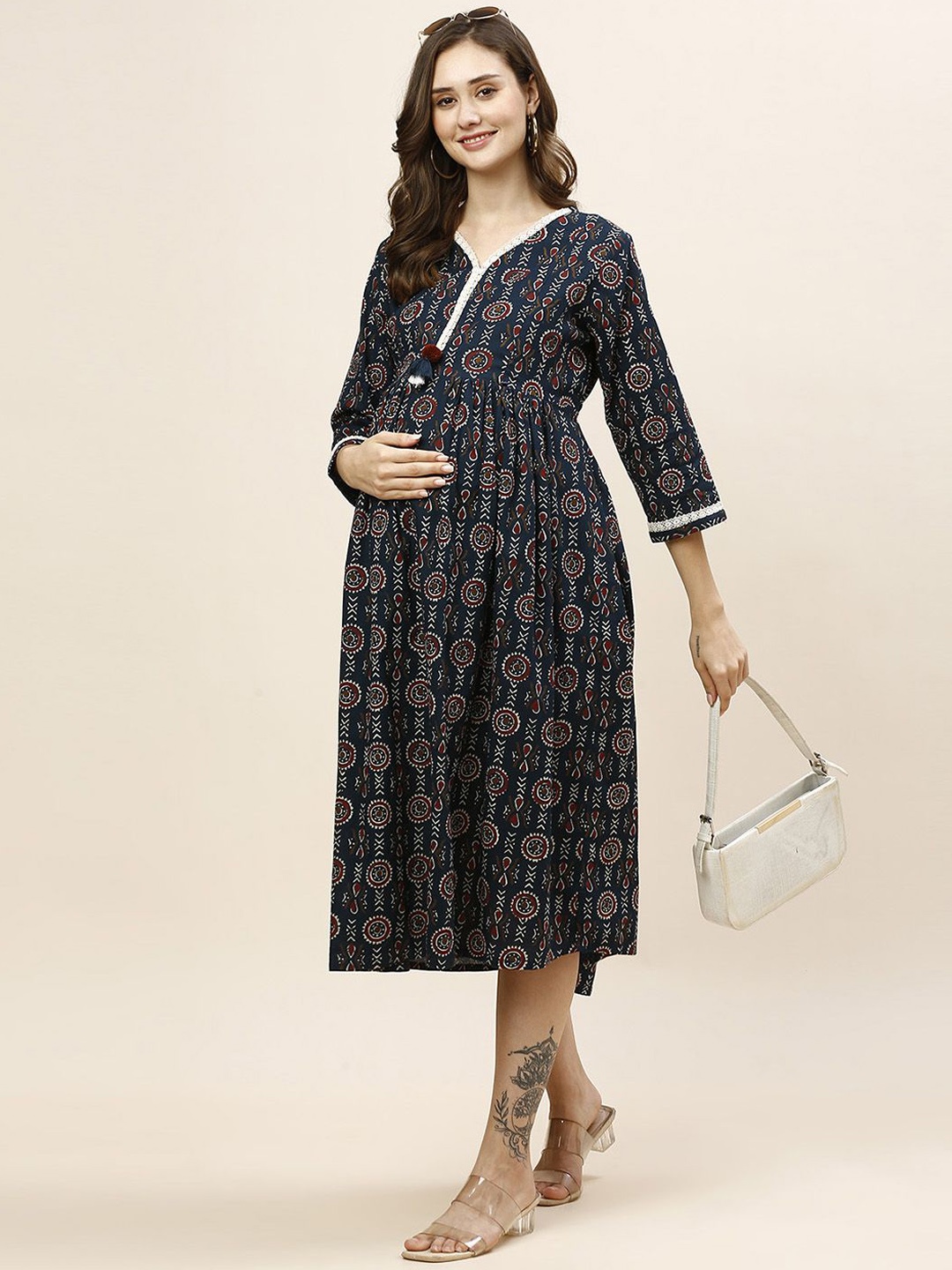 

MomToBe Ethnic Motifs Printed Maternity A-Line Midi Ethnic Dress, Blue