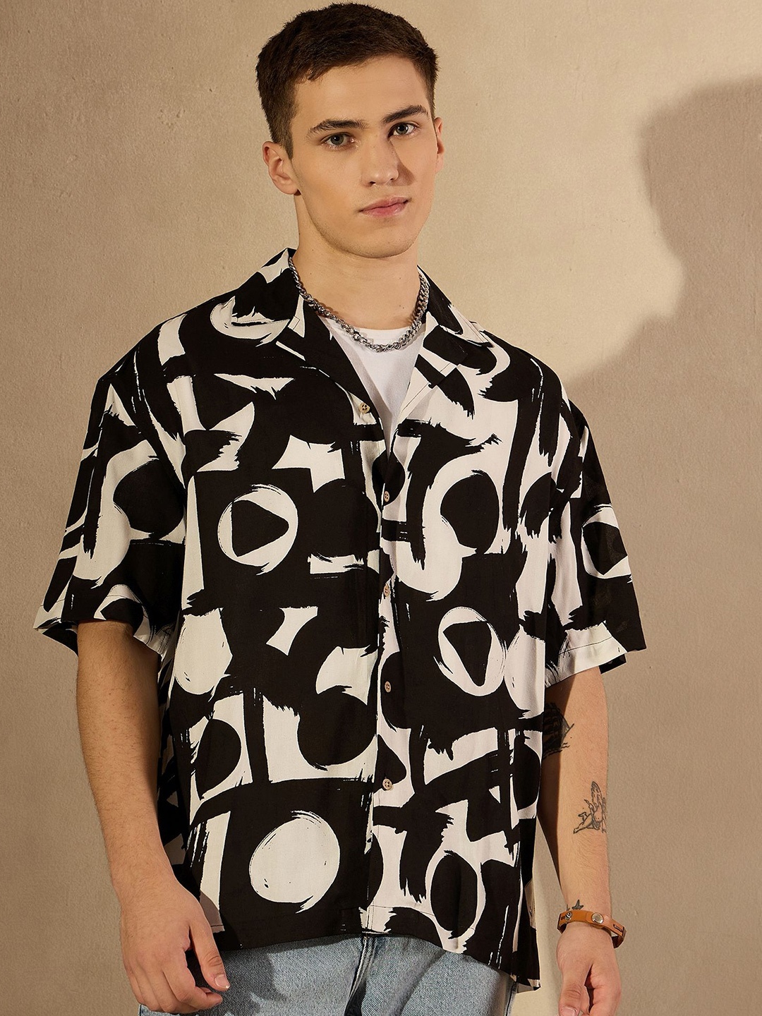 

DENNISON Men Smart Abstract Printed Oversized Cotton Casual Shirt, Black