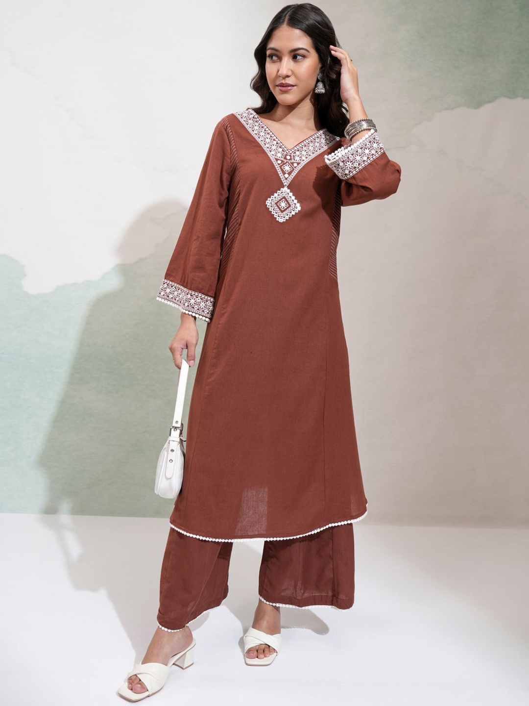 

Vishudh Floral Embroidered V-Neck Panelled Mirror Work Kurta With Palazzos, Brown