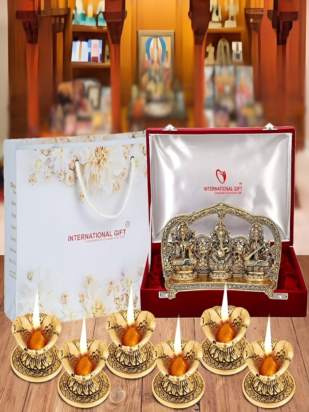 

INTERNATIONAL GIFT Gold-Toned 7 Pieces Laxmi Ganesha Saraswati God Idol & Diya With Box, Bronze