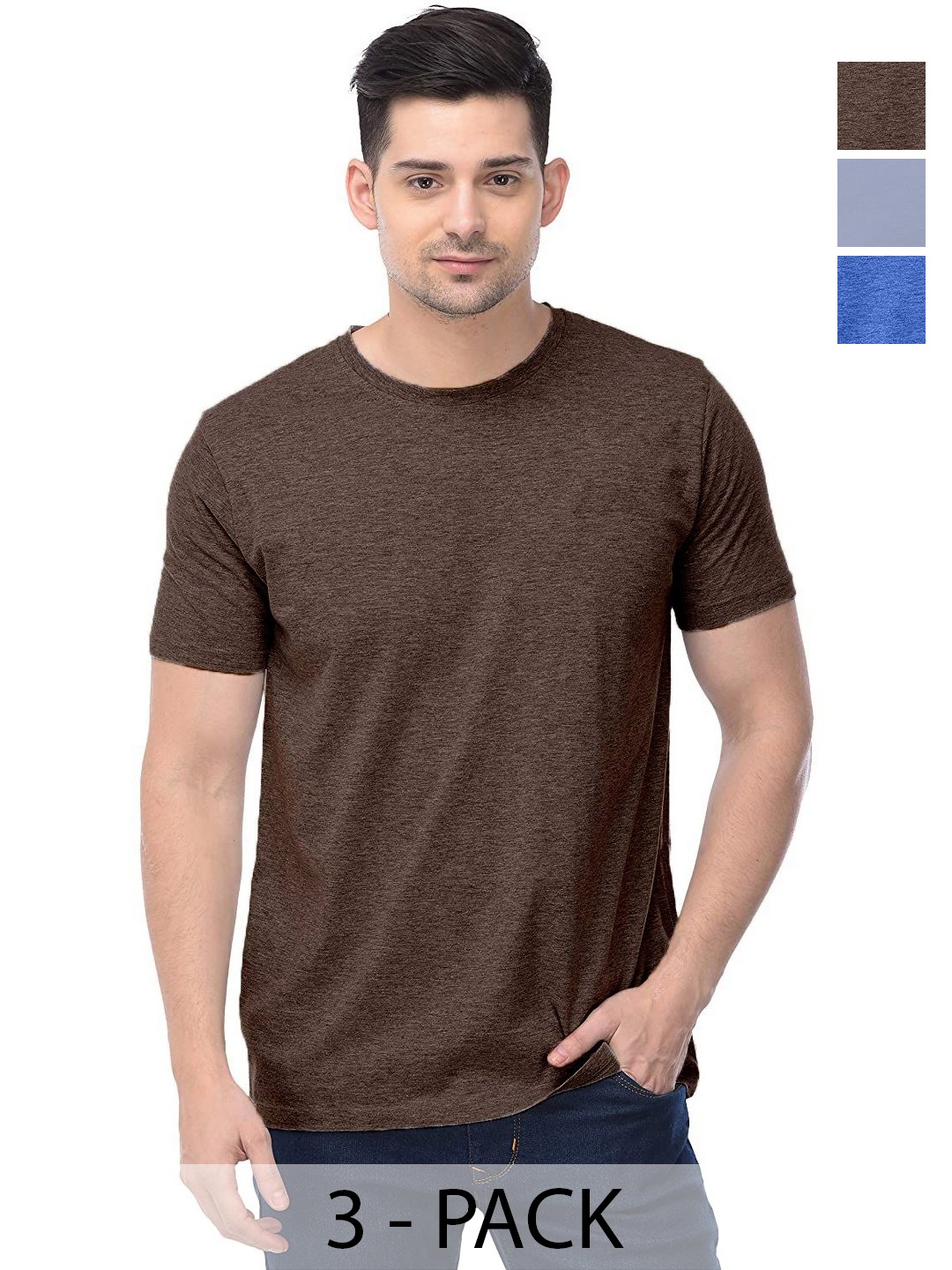

COLOR CAPITAL Unisex Pack Of 3 Solid Round Neck Cotton T-Shirts, Brown