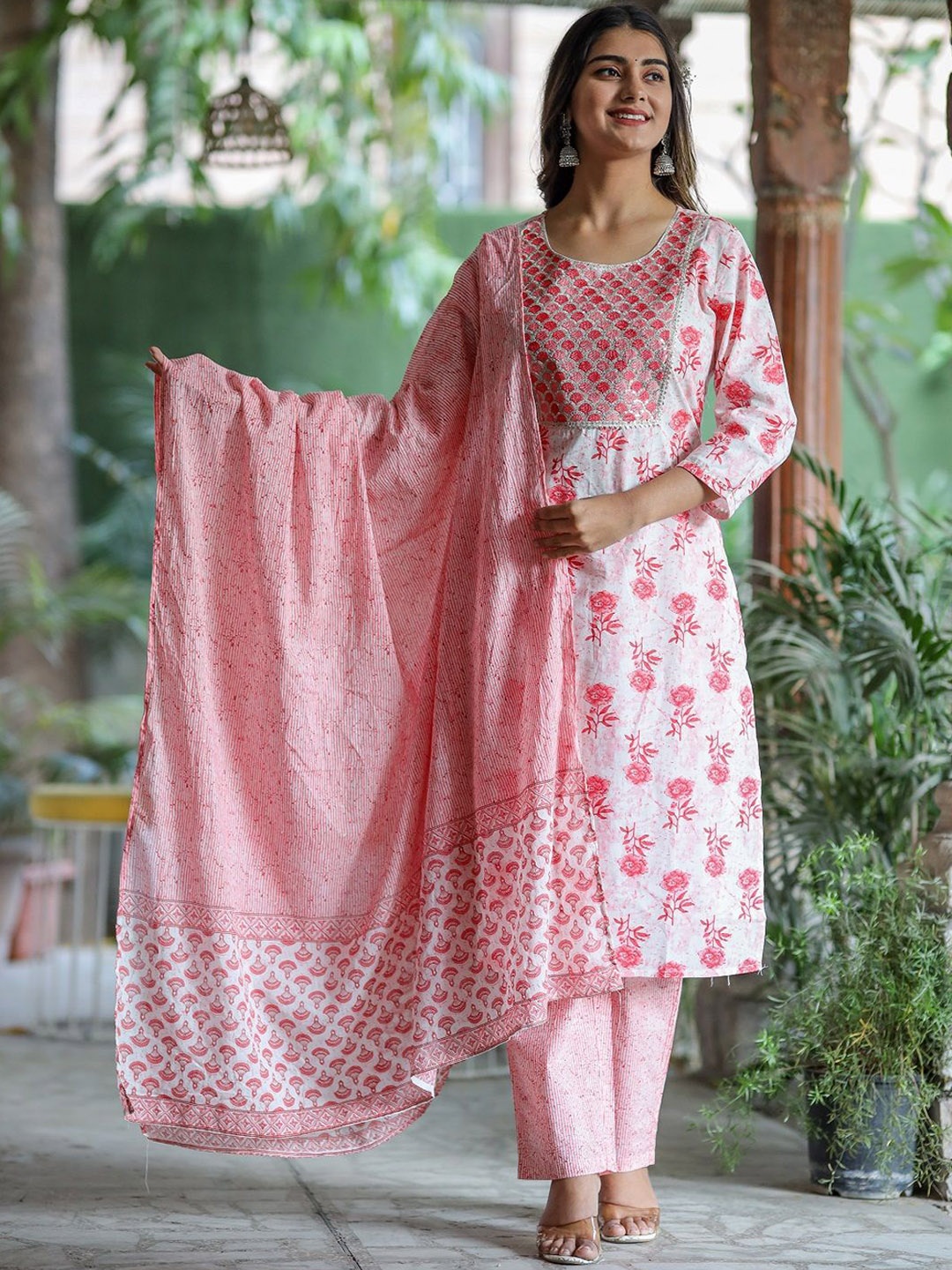 

Benaaz Floral Printed Straight Sequinned Pure Cotton Kurta with Trousers & Dupatta, Peach