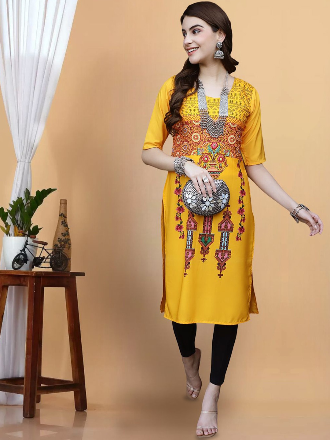 

7Threads Ethnic Motifs Printed Round Neck Crepe Straight Kurta, Yellow