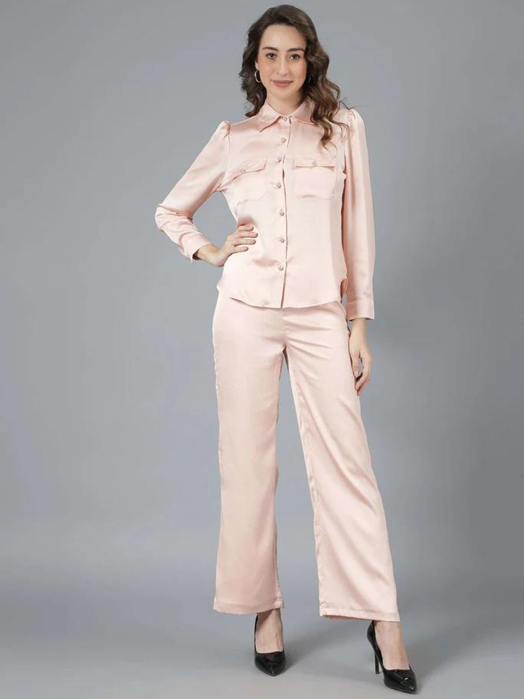 

DESIGNS BY QUEEN BEE Satin Shirt With Trouser, Peach