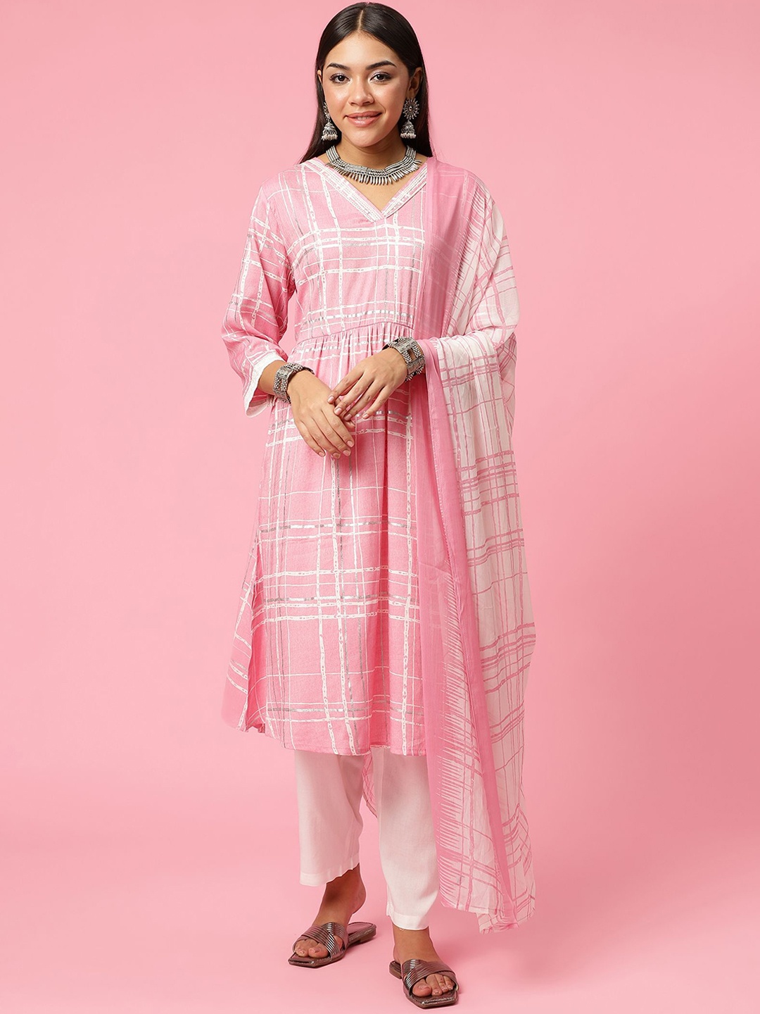 

Shree Women Printed Pleated Liva Kurta with Trousers & With Dupatta, Pink