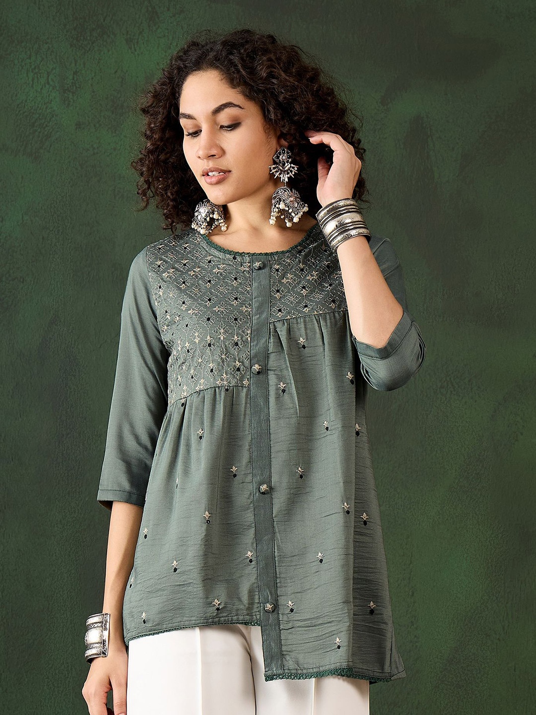

Sangria Women Ethnic Motifs Embroidered Round Neck Top, Olive
