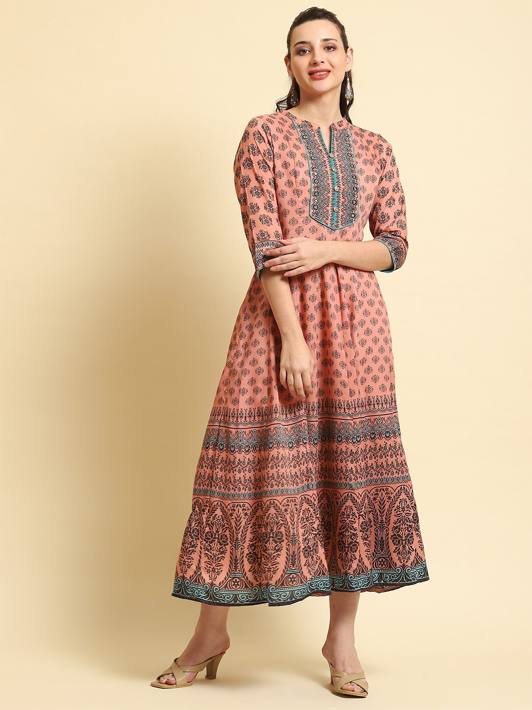 

Shree Ethnic Motifs Print Liva A-Line Maxi Dress, Peach