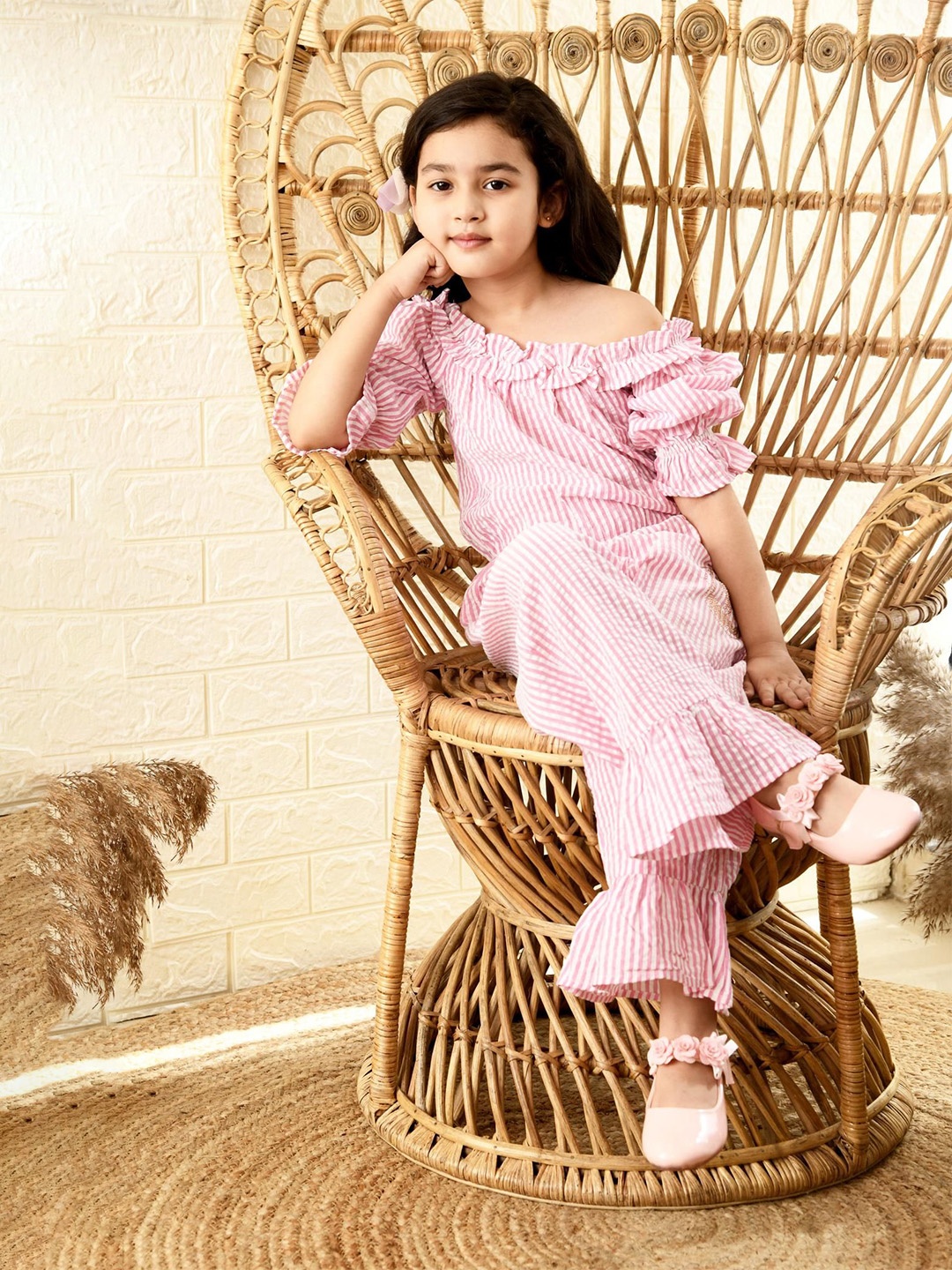 

RANJ Girls Off-Shoulder Striped Basic Jumpsuit, Pink