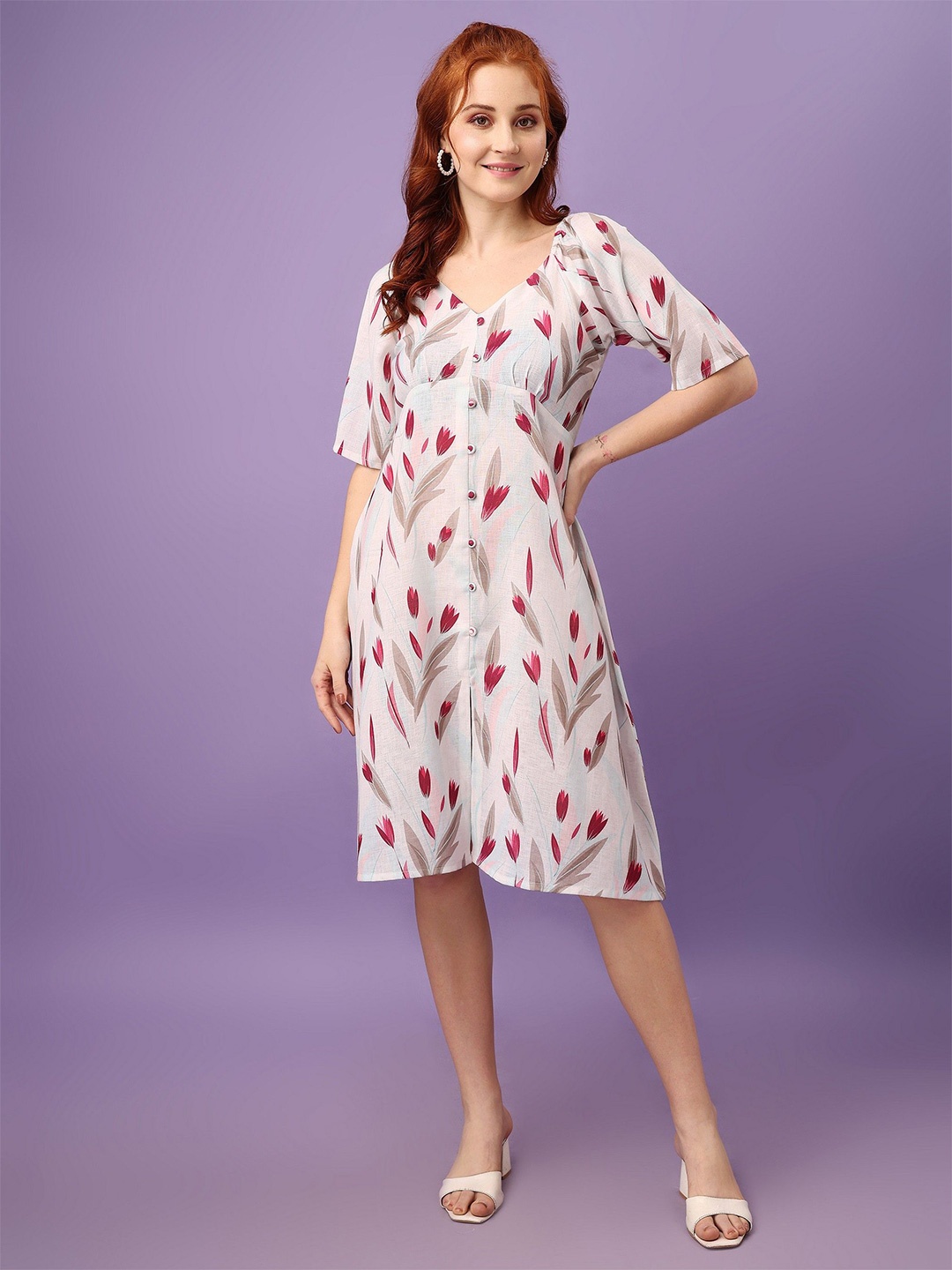 

Amarasha Floral Printed Flared Sleeve A-Line Dress, Off white