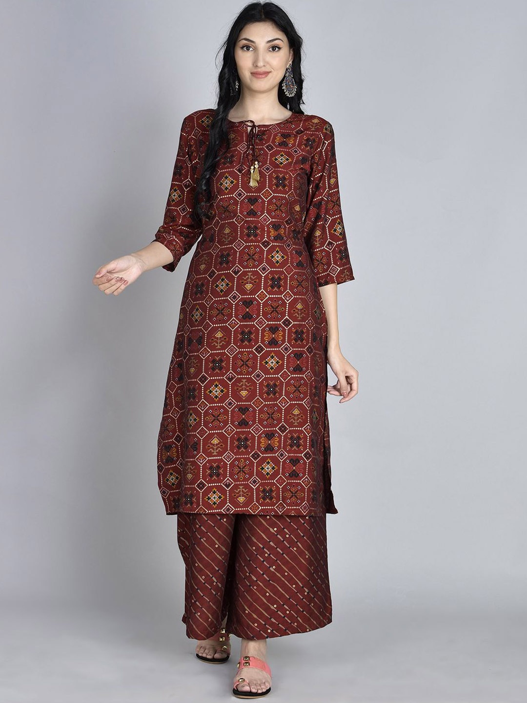 

Shree Geometric Printed Tie-Up Neck Liva Straight Kurta With Palazzos, Maroon