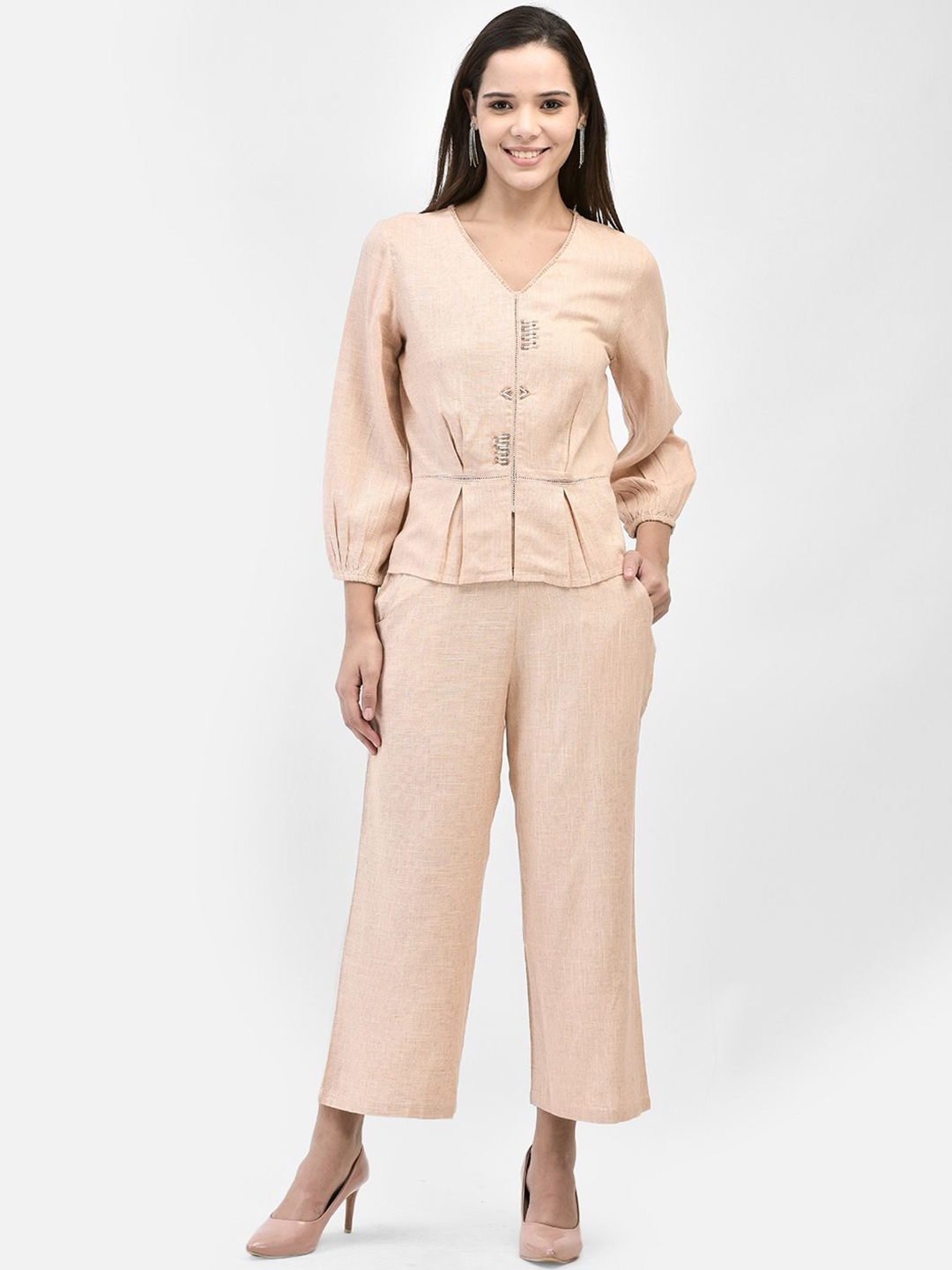 

FUTURO V-Neck Puff Sleeve Top & Trouser, Peach