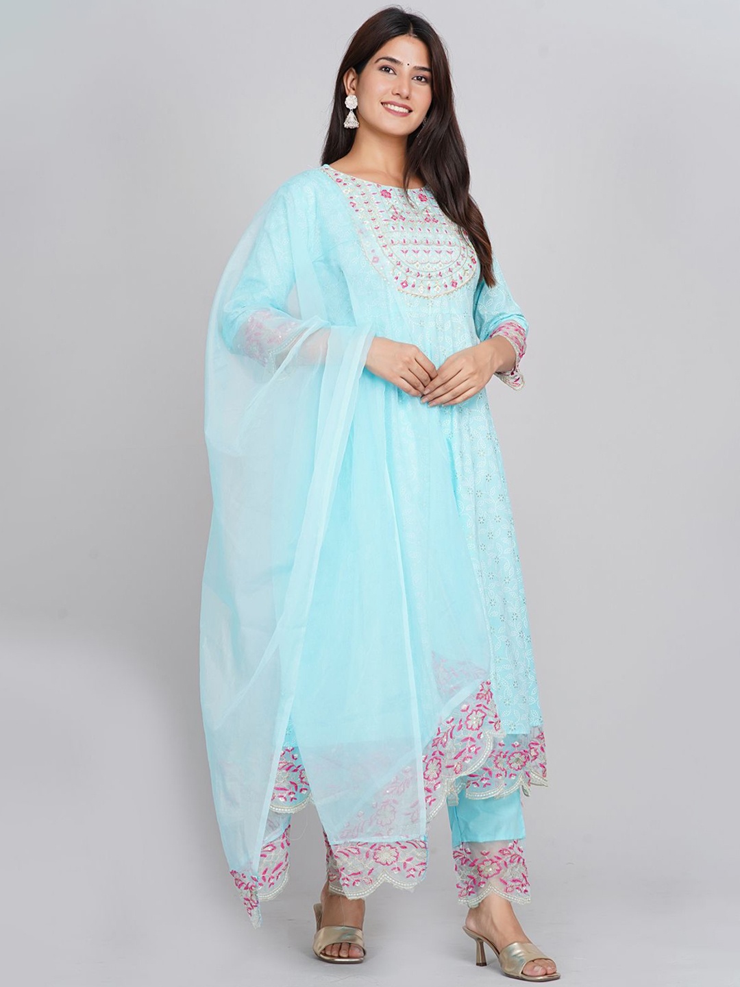 

KALINI Bandhani Printed Pure Cotton Anarkali Kurta with Trousers & Dupatta, Blue