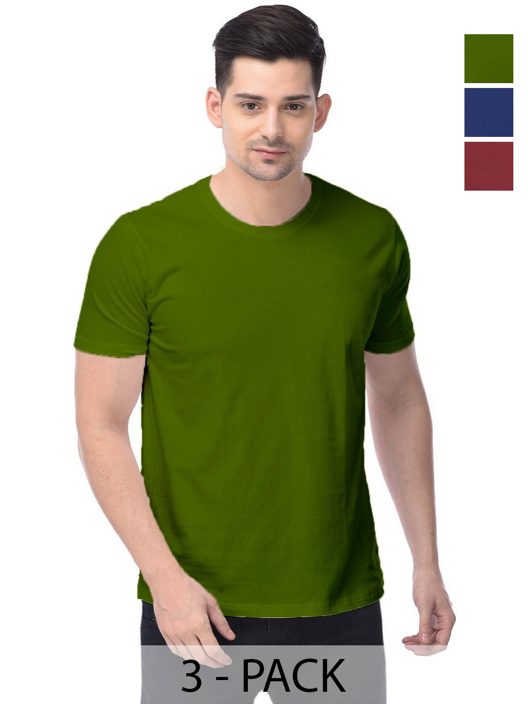 

COLOR CAPITAL Unisex Pack Of 3 Solid Round Neck Cotton T-Shirts, Green