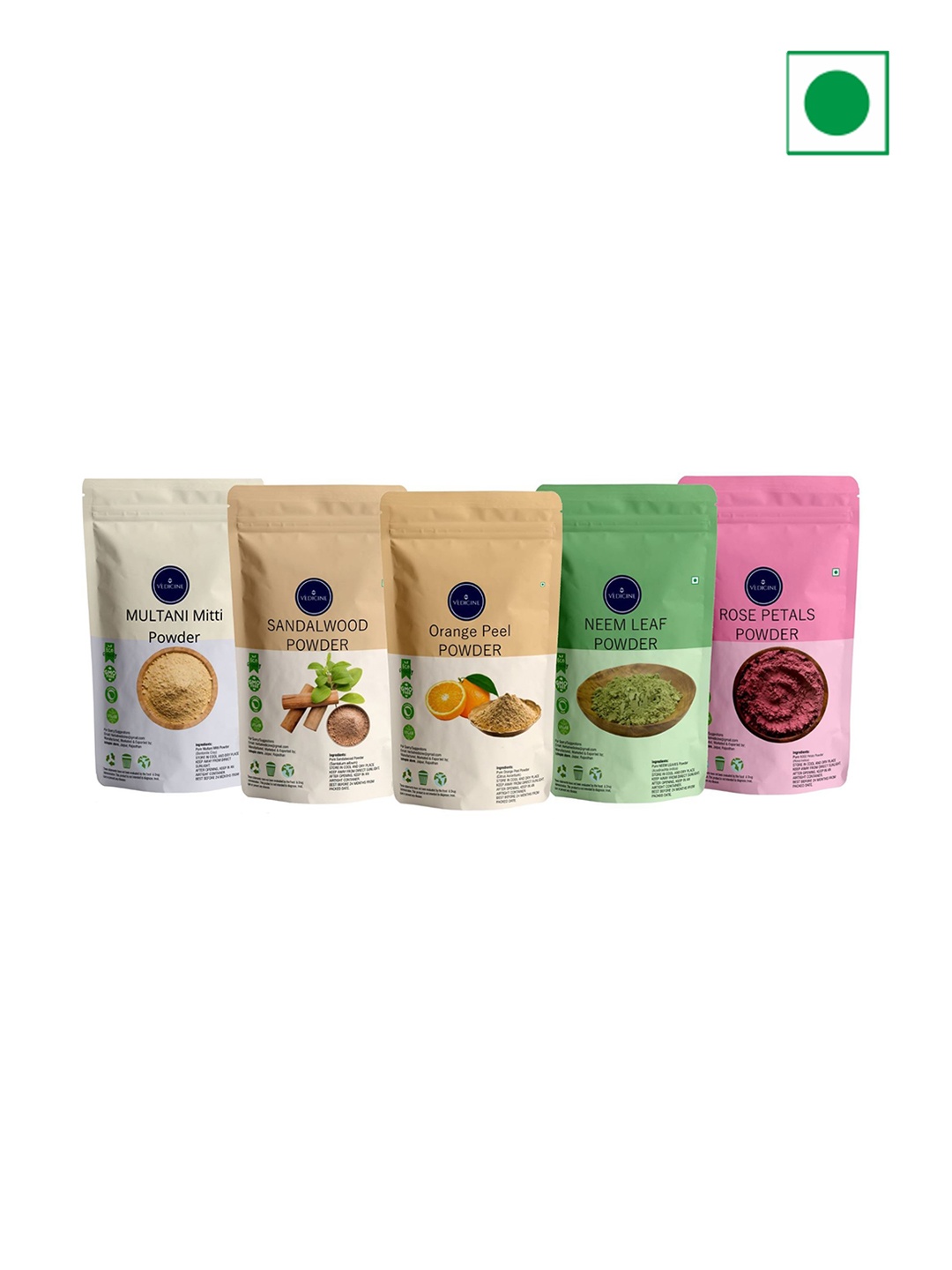

VEDICINE Set Of 5 Orange Neem Leaf Multani mitti Rose Petal Powder- 75gm Each