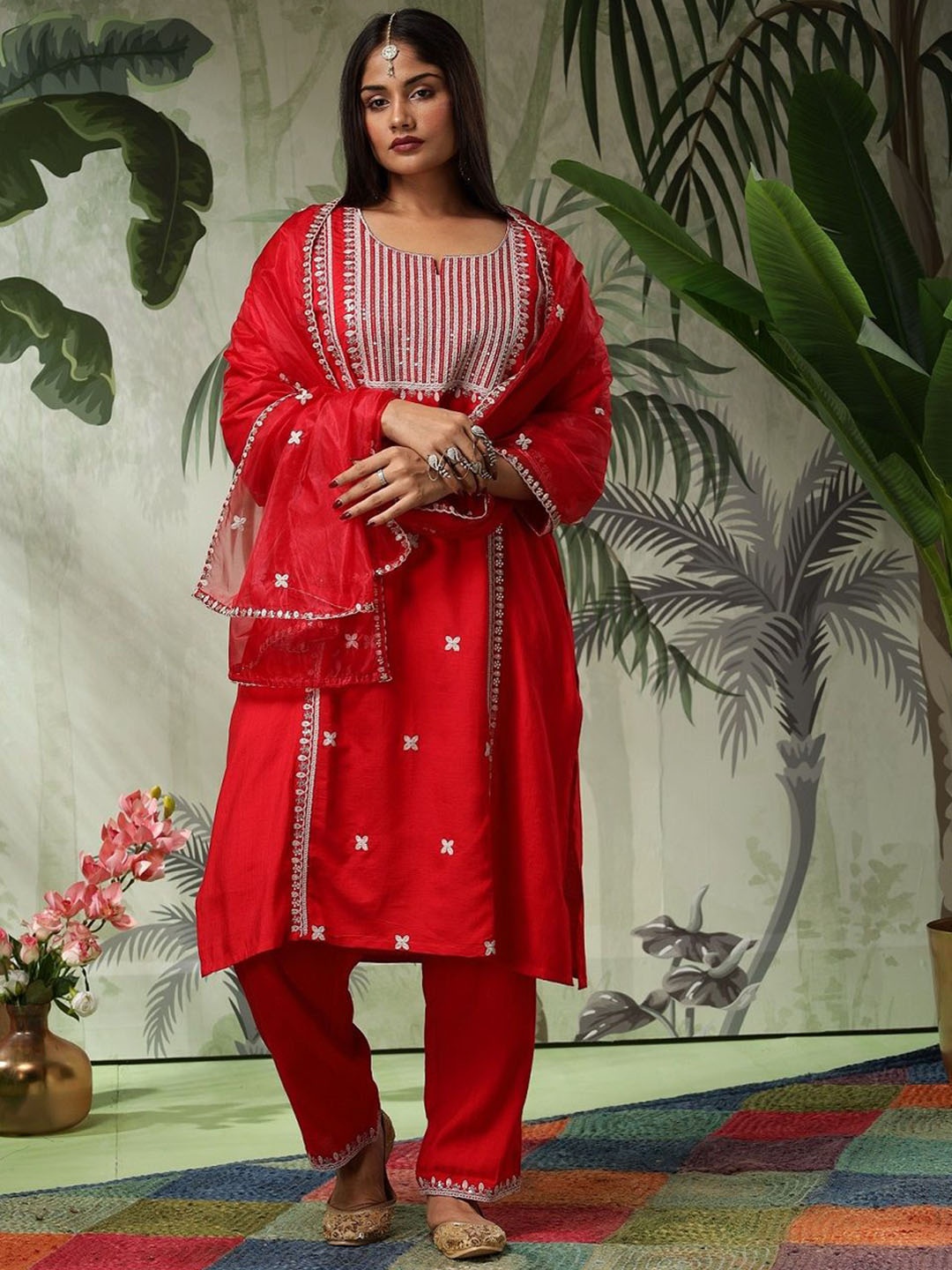 

Bani Women Ethnic Motifs Embroidered Thread Work Kurta With Trousers & Dupatta, Red