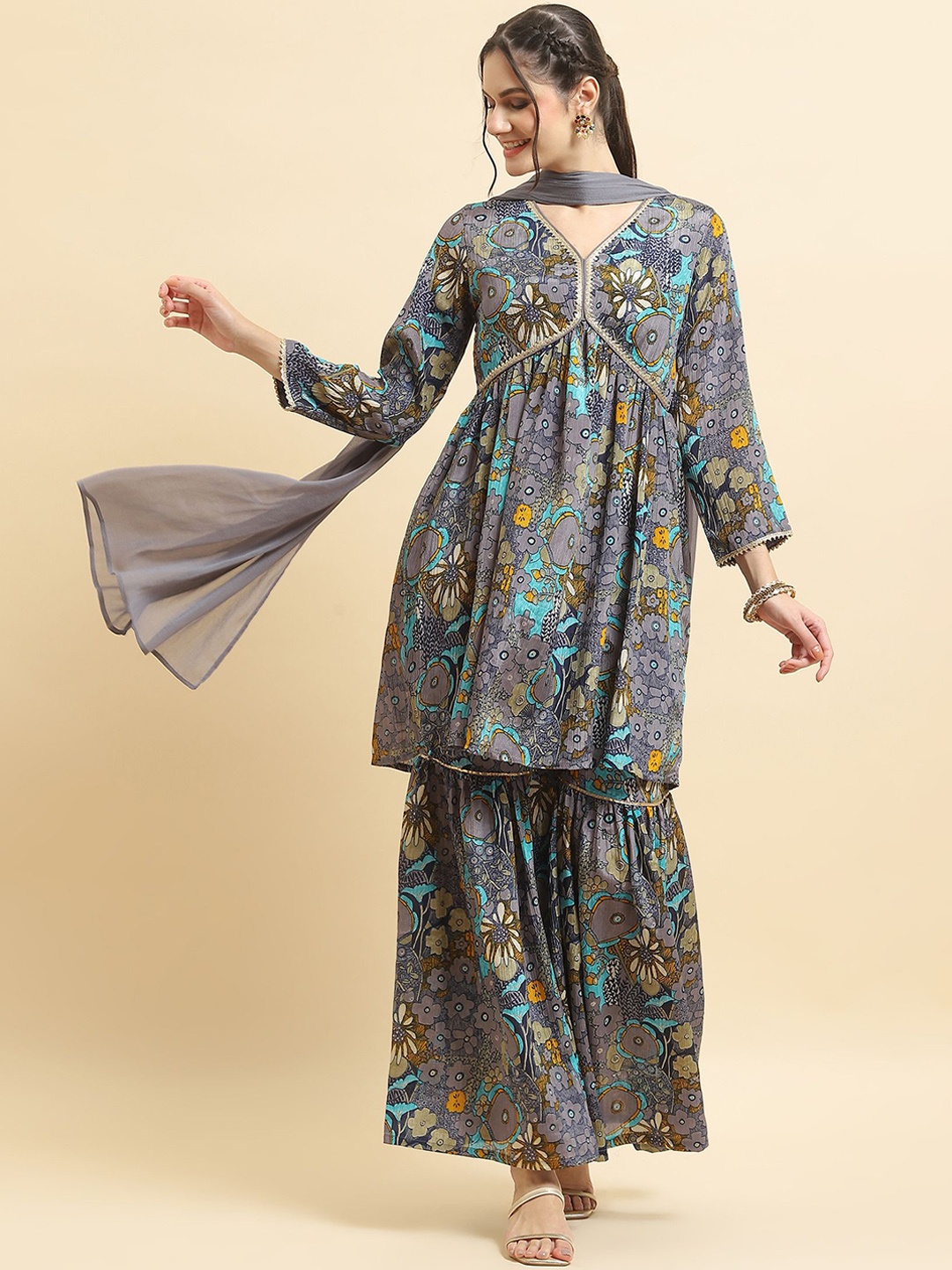 

Shree Floral Printed A Line Kurt1 & Sharara With Dupatta, Blue