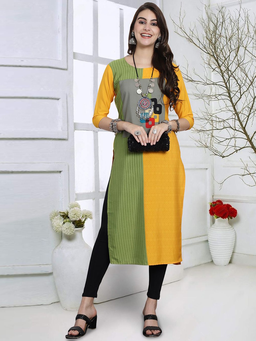 

7Threads Colourblocked Straight Kurta, Green