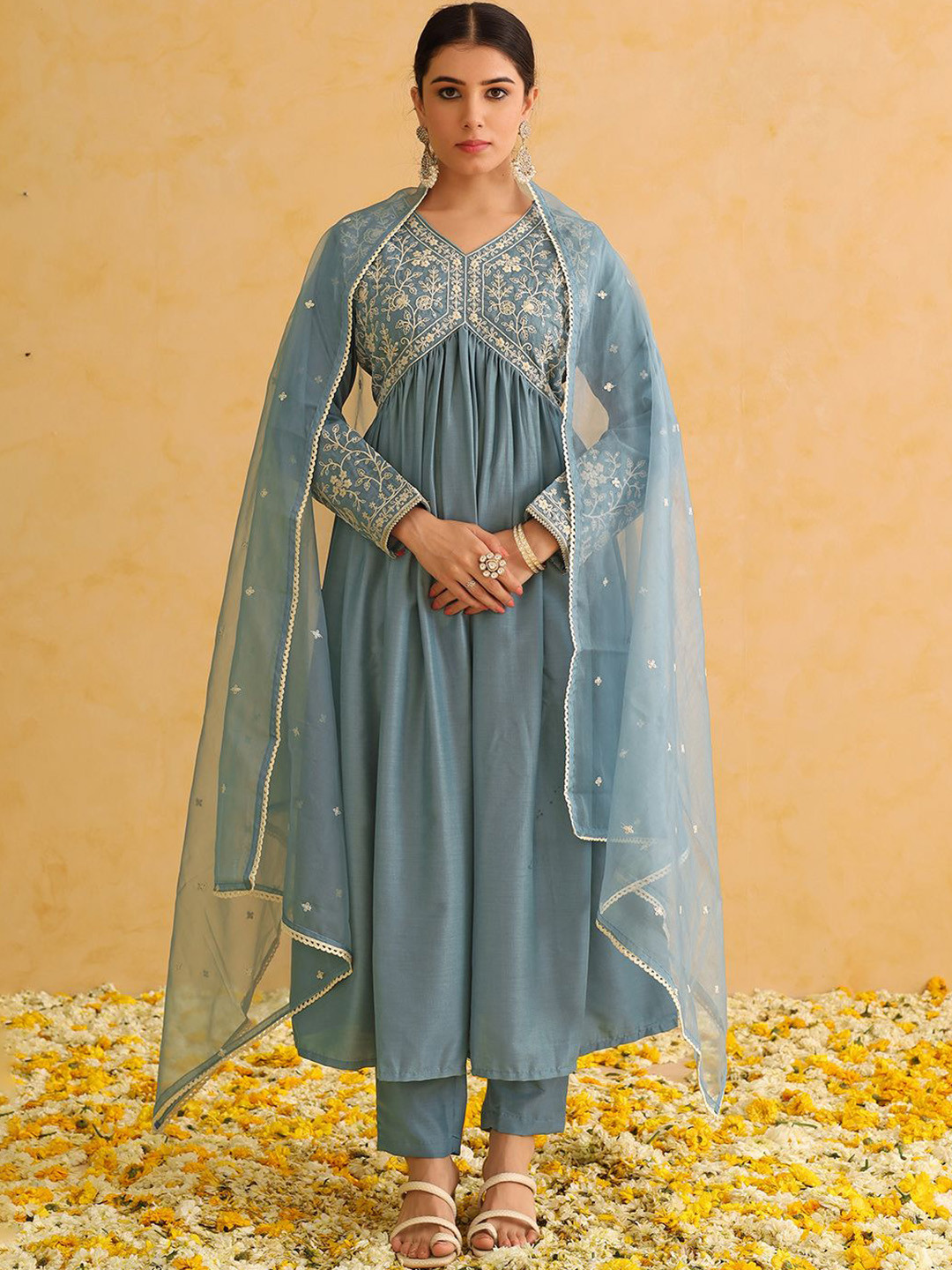 

AHIKA Floral Embroidered Pleated Thread Work Anarkali Kurta with Trousers & Dupatta, Blue