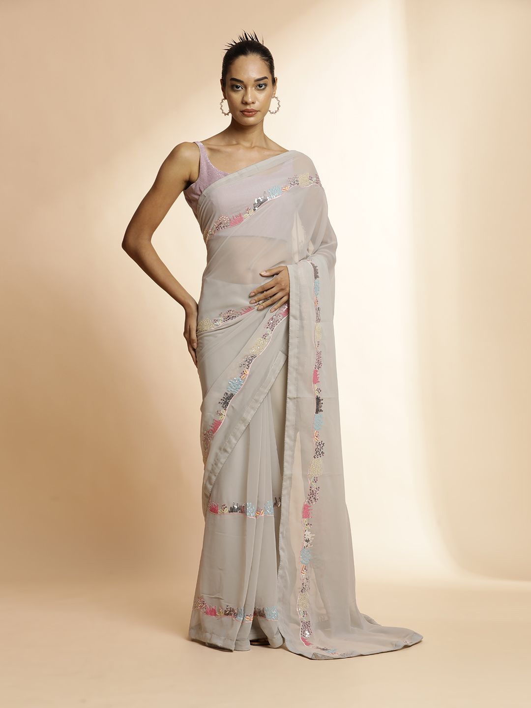 

Jaipur Kurti Embellished Sequinned Pure Georgette Saree, Grey