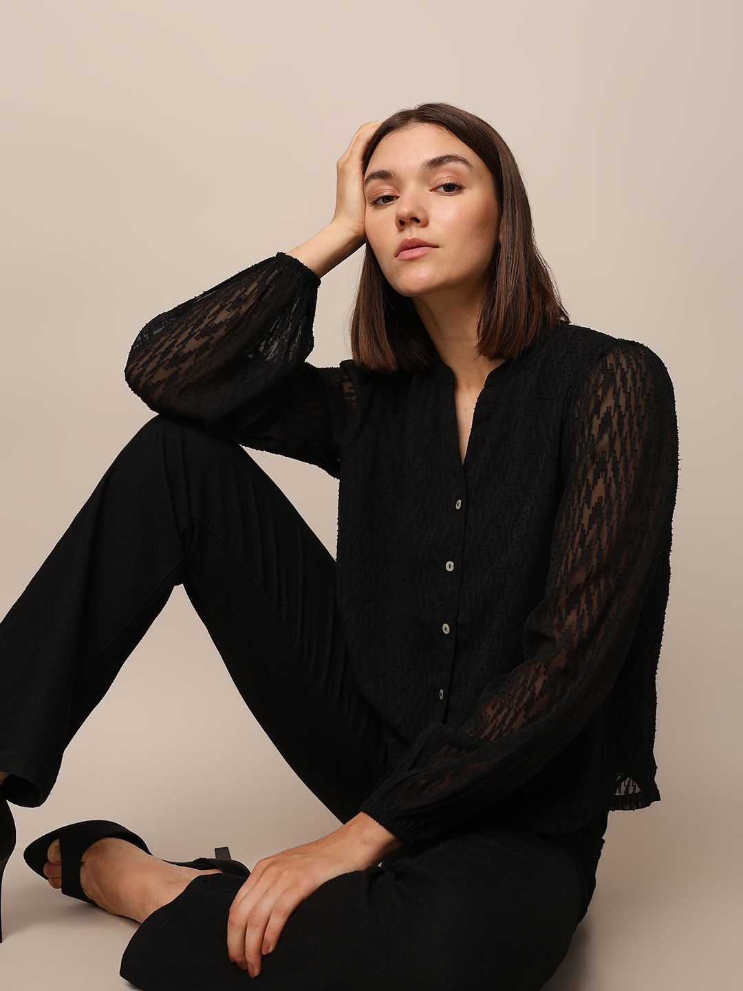 

ONLY Women Self Design Mandarin Collar Top, Black