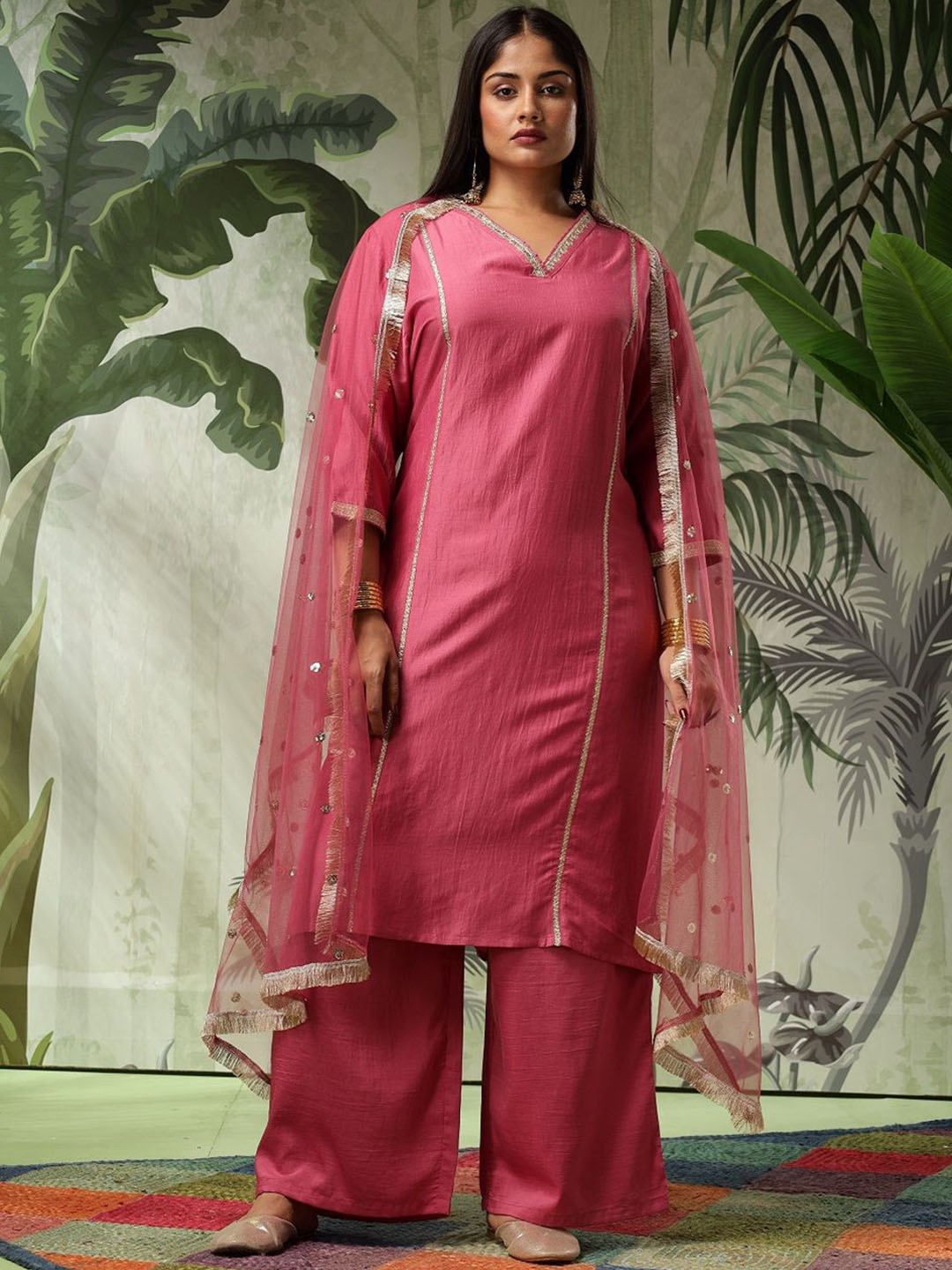 

Bani Women Plus Size Straight Gotta Patti Kurta with Trousers & Dupatta, Pink