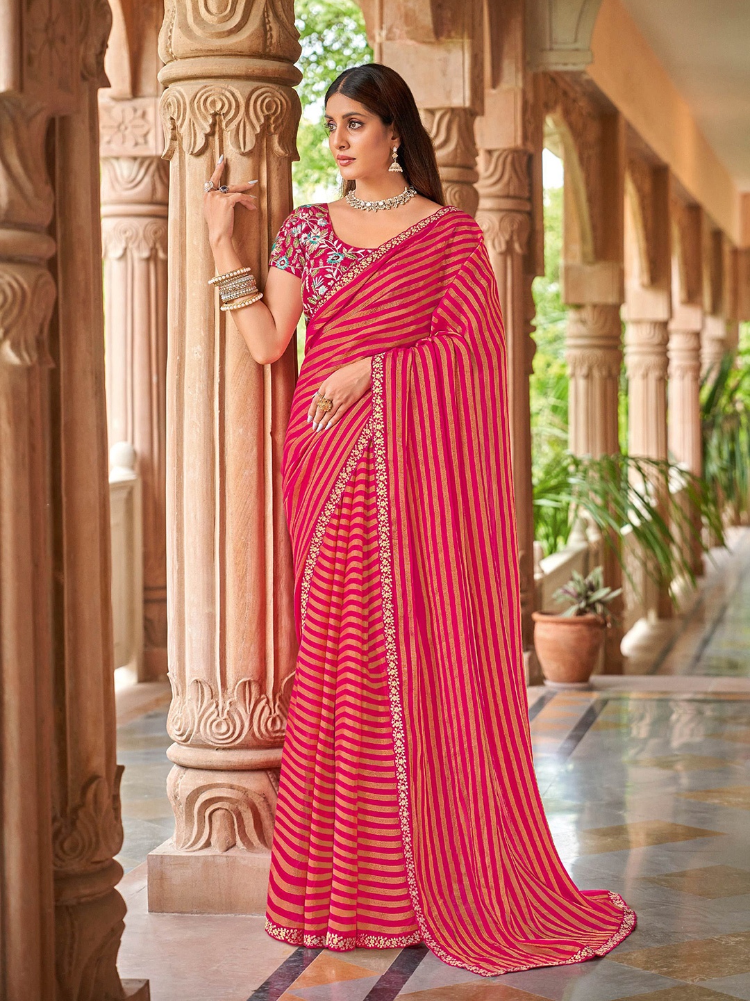 

Laxmipati Striped Embroidered Silk Blend Saree, Pink