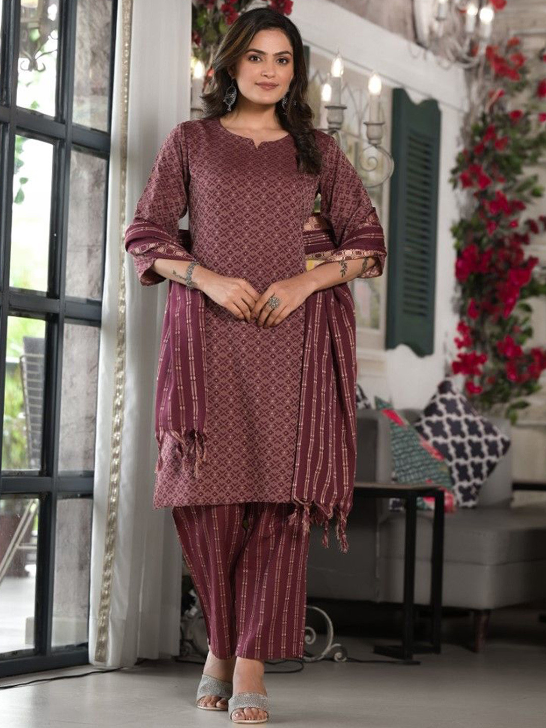 

Juniper Geometric Printed Pure Cotton Straight Kurta With Trousers & Dupatta, Purple