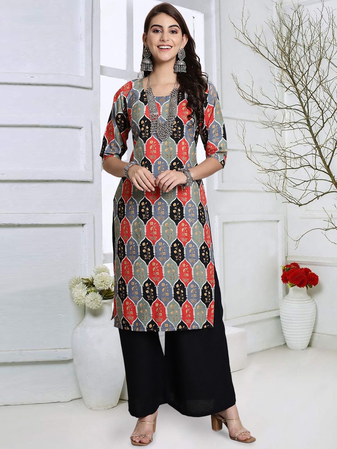 

7Threads Geometric Printed Round Neck Straight Kurta, Grey