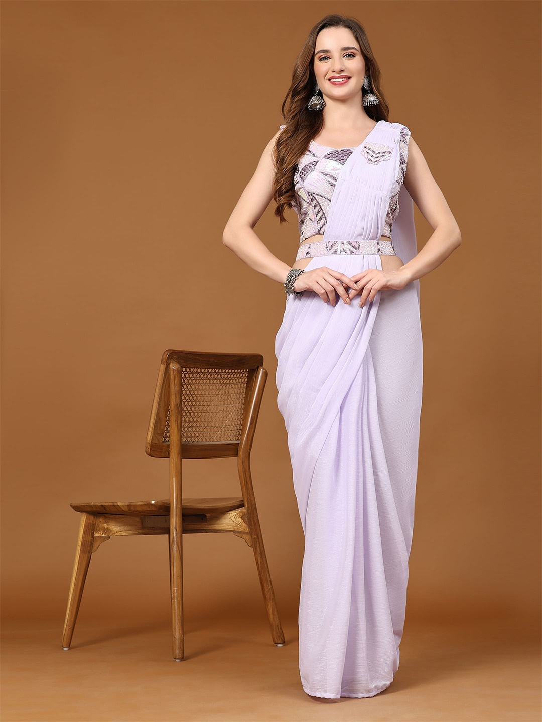 

AMOHA TRENDZ Solid Pure Chiffon Ready to Wear Saree, Lavender