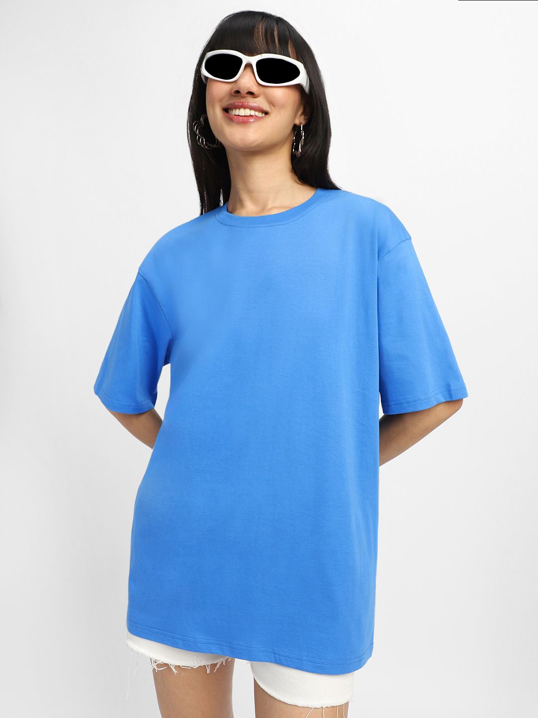 

JUNEBERRY Women Solid Round Neck Pure Cotton Oversized T-shirt, Blue