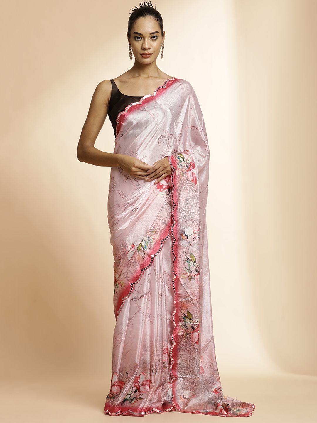 

Jaipur Kurti Floral Mirror Work Satin Saree, Pink