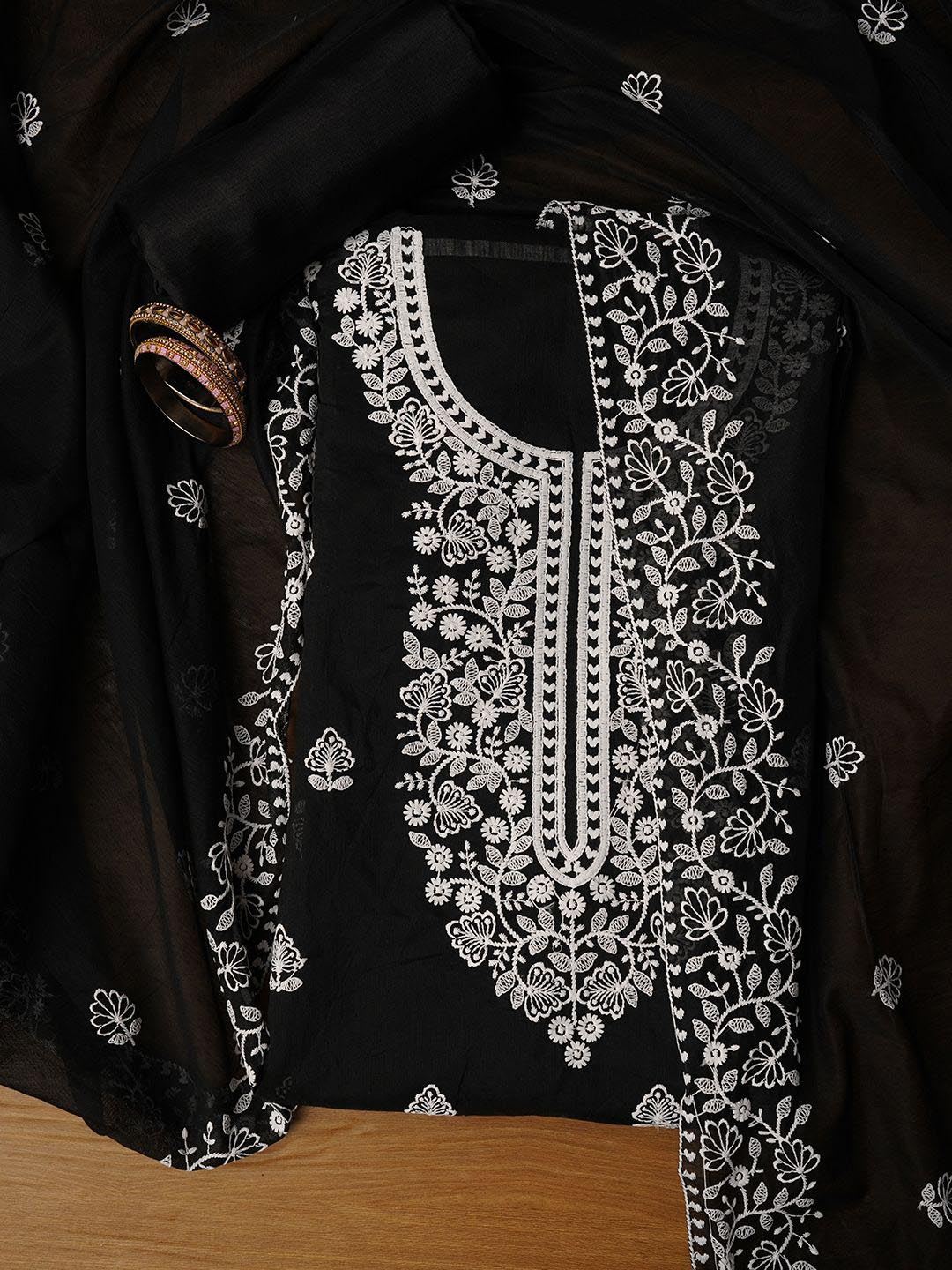 

Jaipur Kurti Unstitched Embroidered Cotton Blend Dress Material With Dupatta, Black
