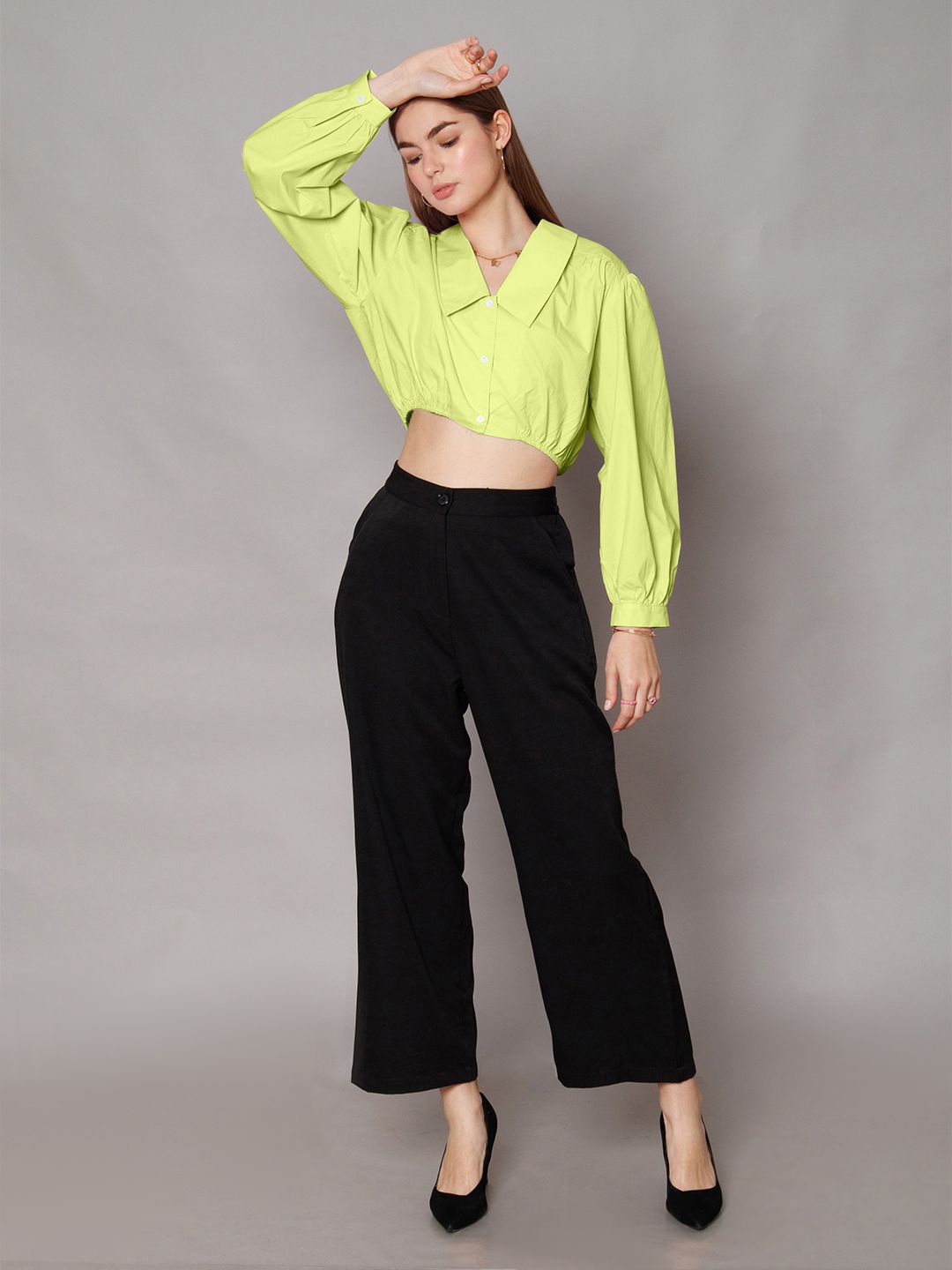 

Zink London Women Spread Collar Solid Cotton Relaxed Fit Casual Shirt, Lime green