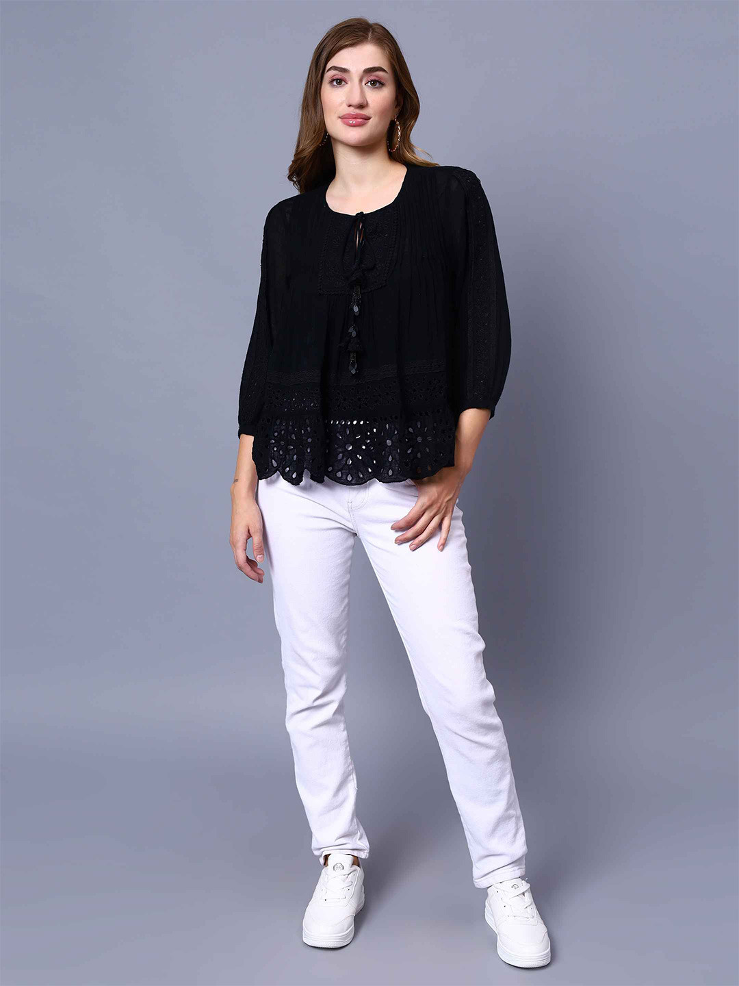 

Amagyaa Women Self Design Tie-Up Neck Top, Black