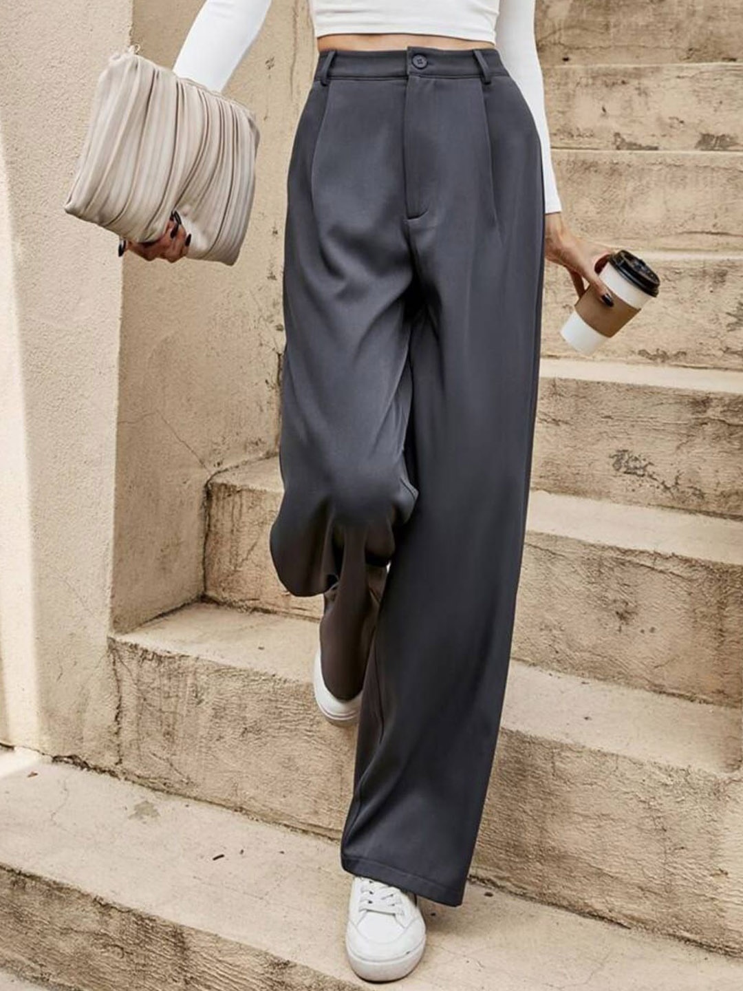 

Next One Women High-Rise Pleated Korean Trousers, Grey