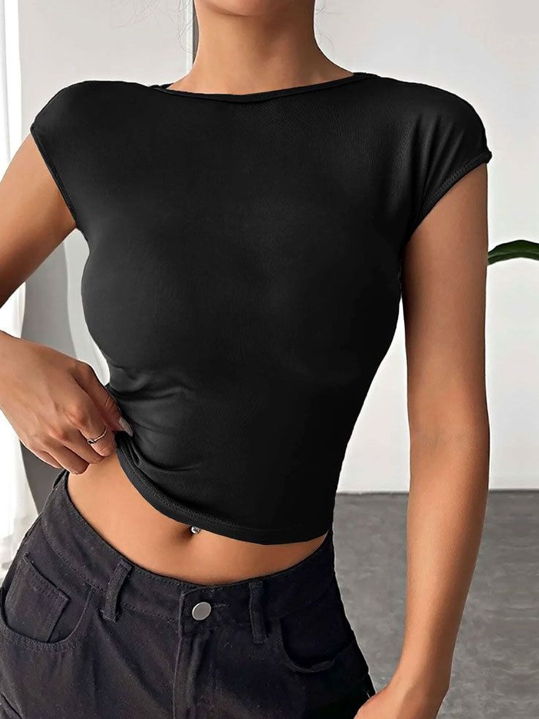 

StyleCast Women Solid Round Neck Cotton Top, Black