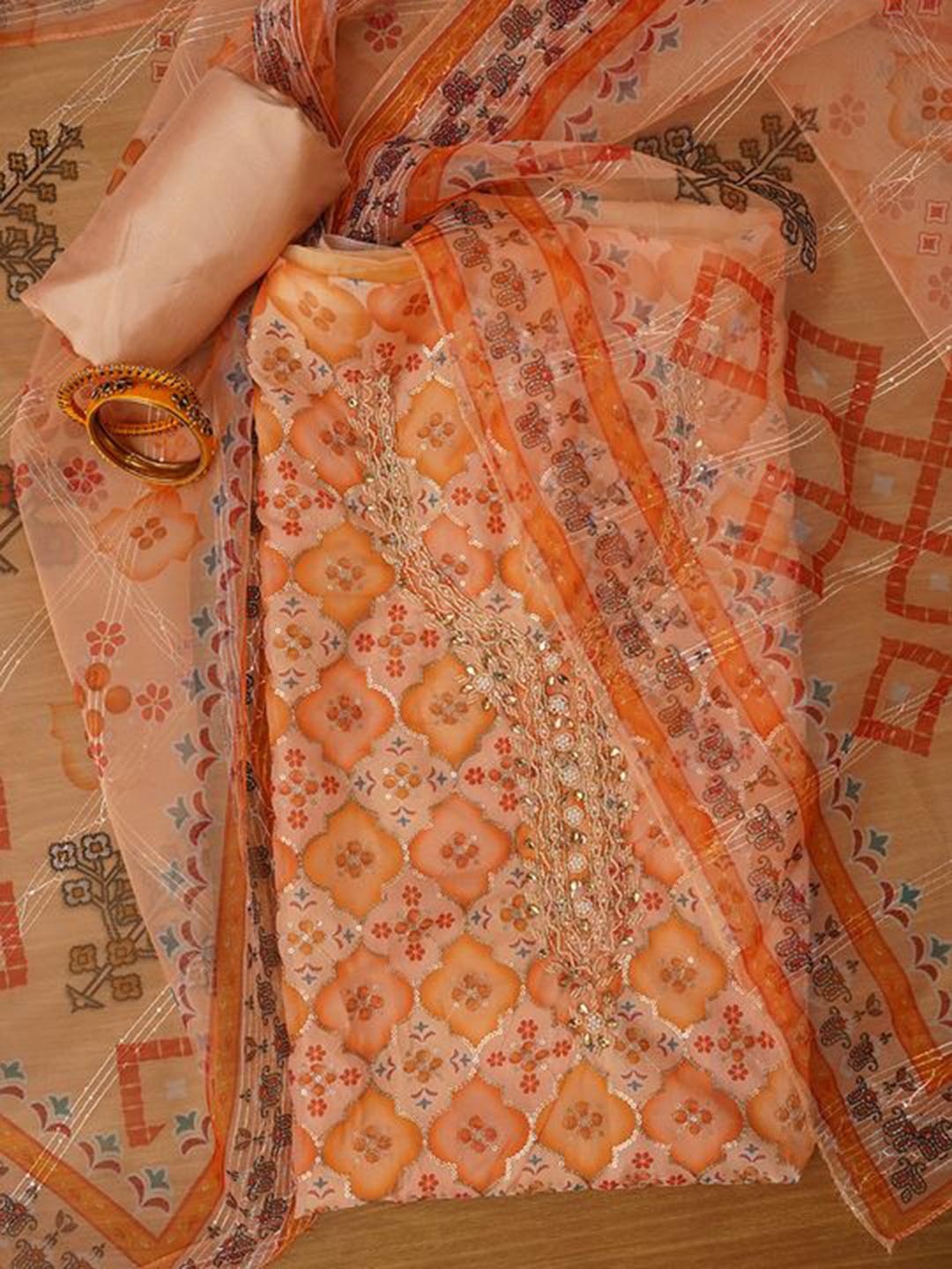 

Jaipur Kurti Unstitched Embroidered Organza Dress Material With Dupatta, Orange