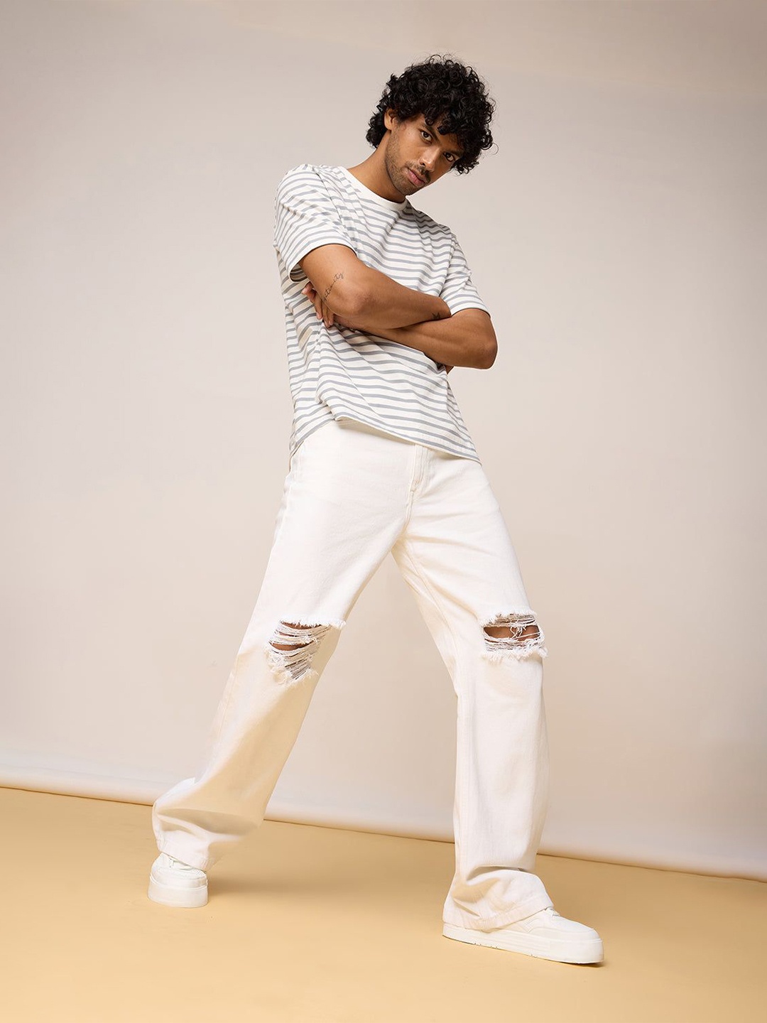 

FREAKINS Men Wide Leg Cotton Jeans, White