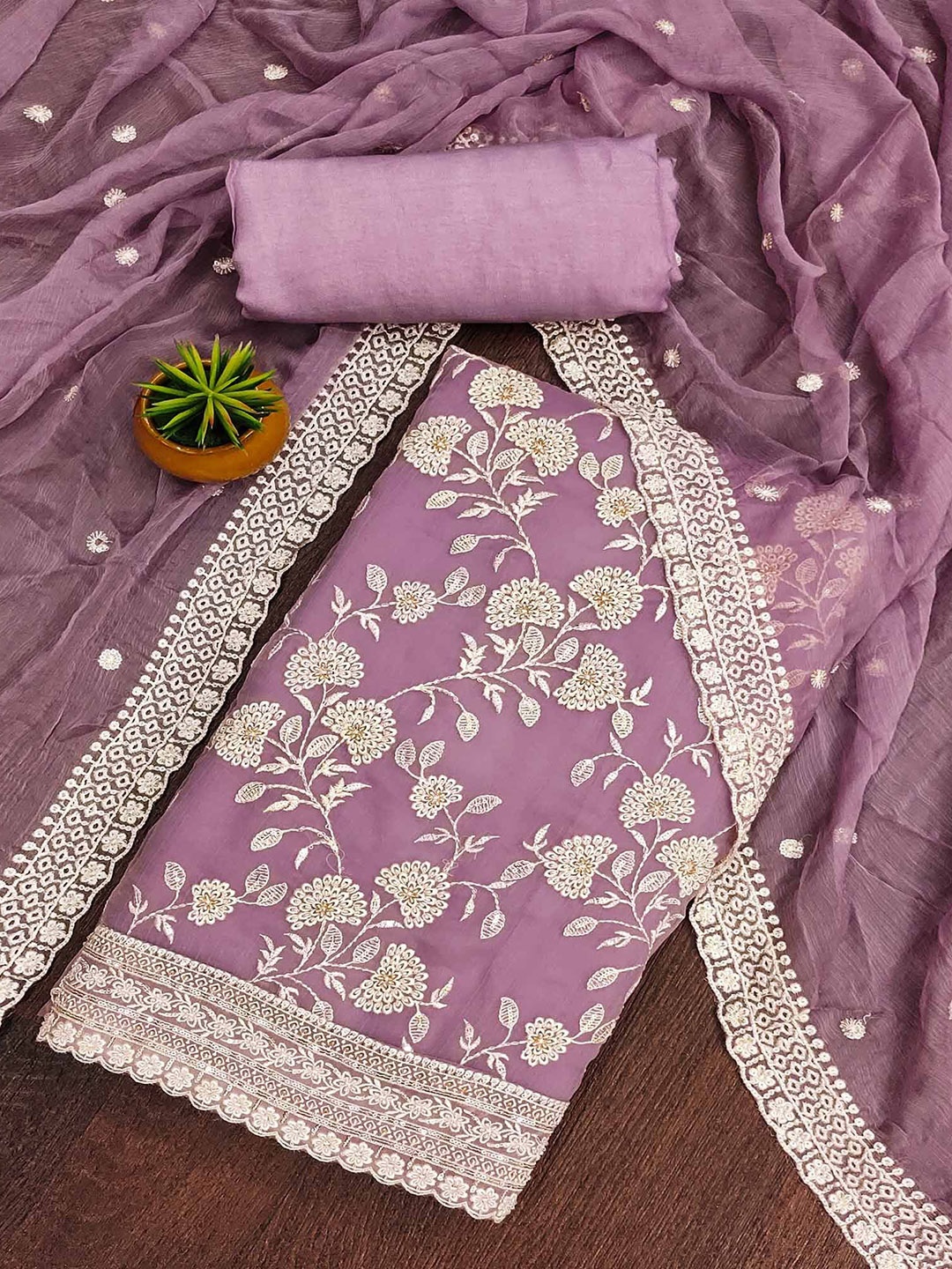 

Peachmode Embroidered Unstitched Dress Material, Purple