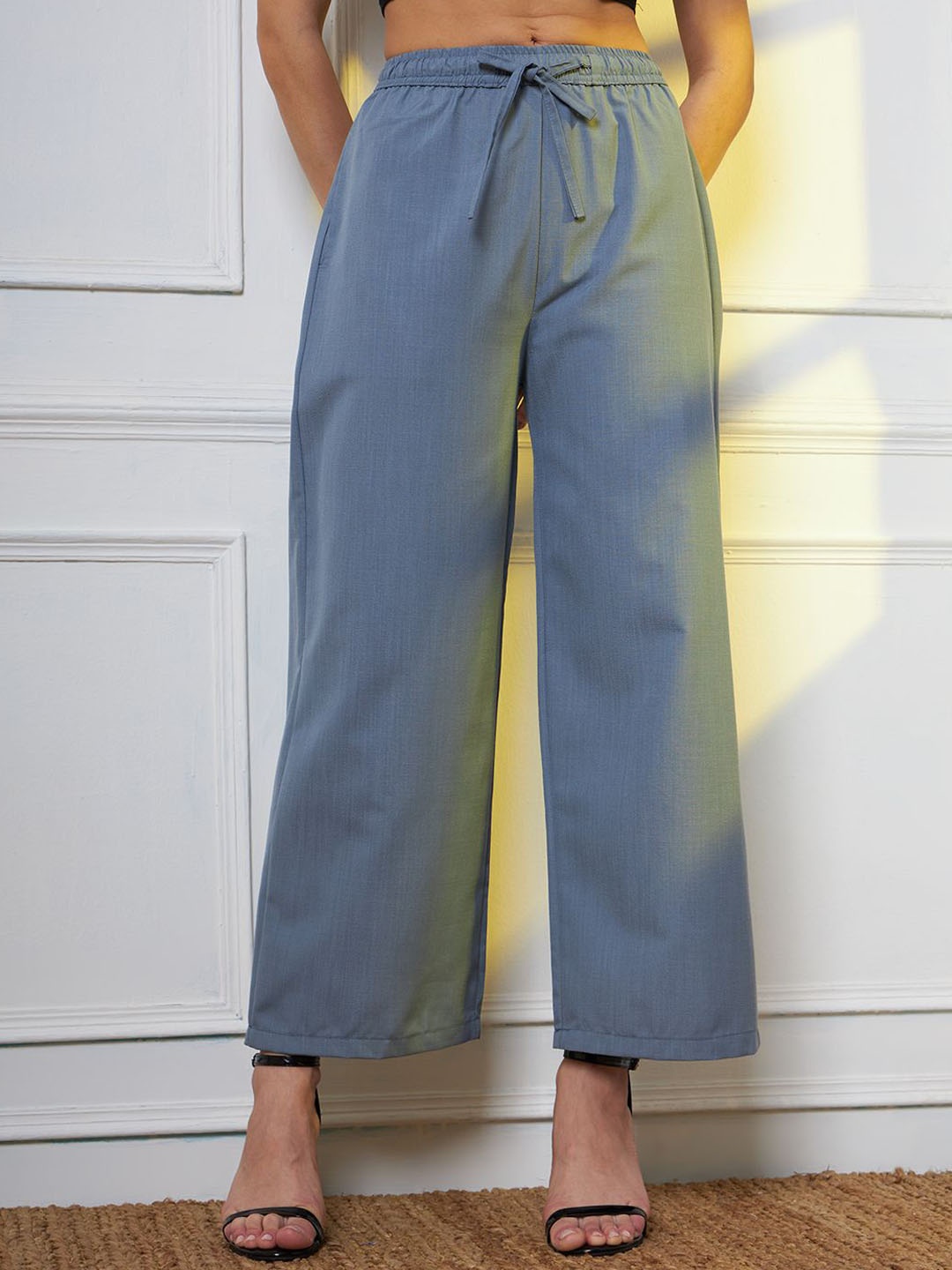 

FITHUB Women Straight Fit High-Rise Trousers, Blue