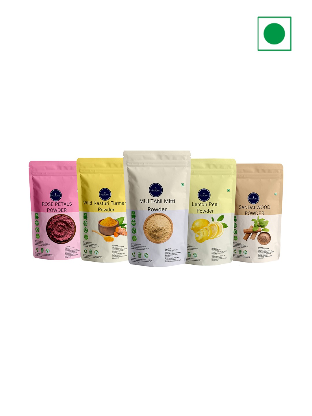 

VEDICINE Set Of 5 Rose Petal Wild Turmeric Mutani Mitti Lemon Sandalwood Mask-100g Each